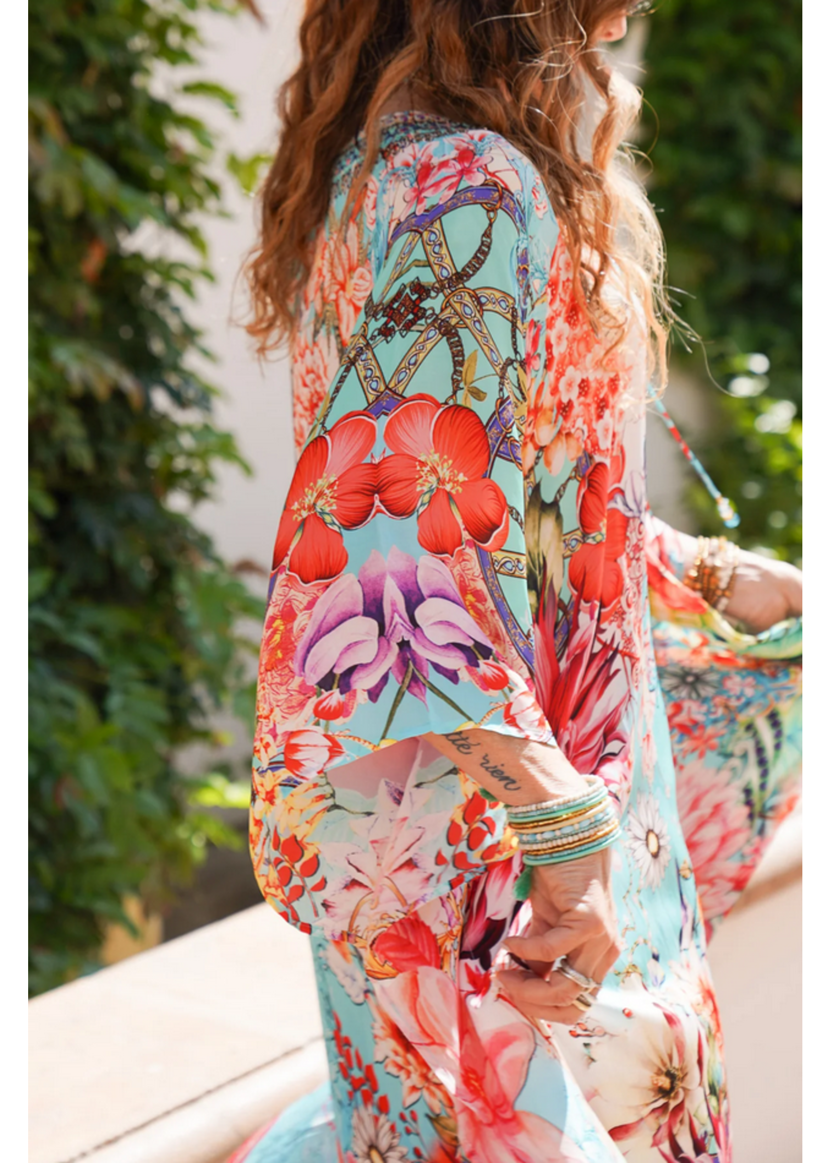 Bali Queen Bombay Jeweled Long Caftan Birds Of Paradise One Size