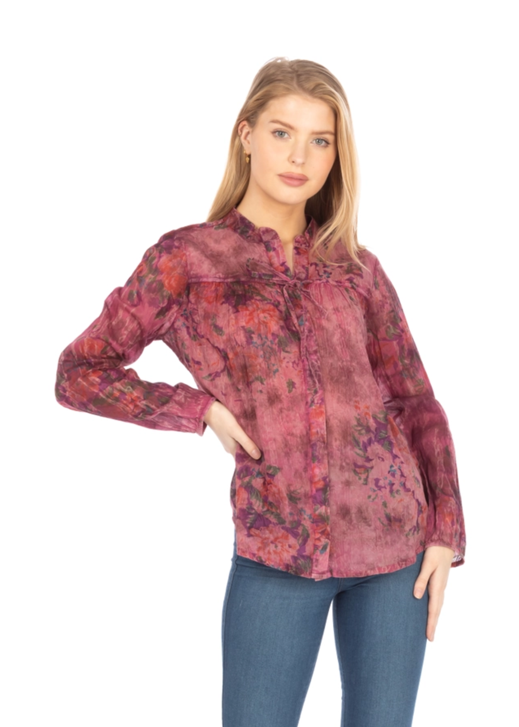 Vintage Goa Floral Orchid Boho Button Top w/Draw Strings