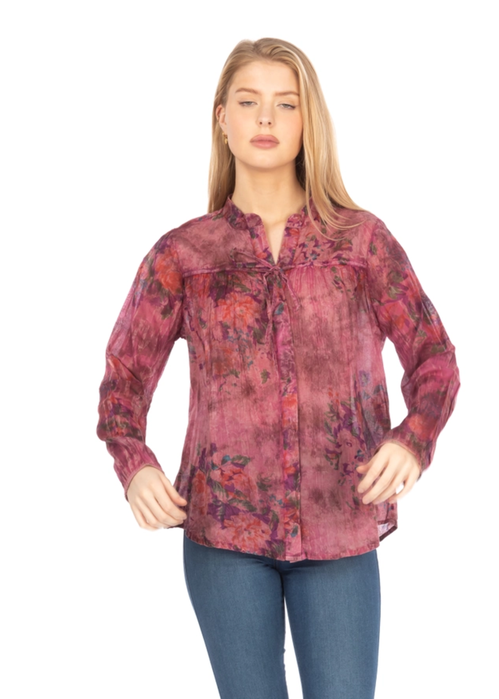 Vintage Goa Floral Orchid Boho Button Top w/Draw Strings