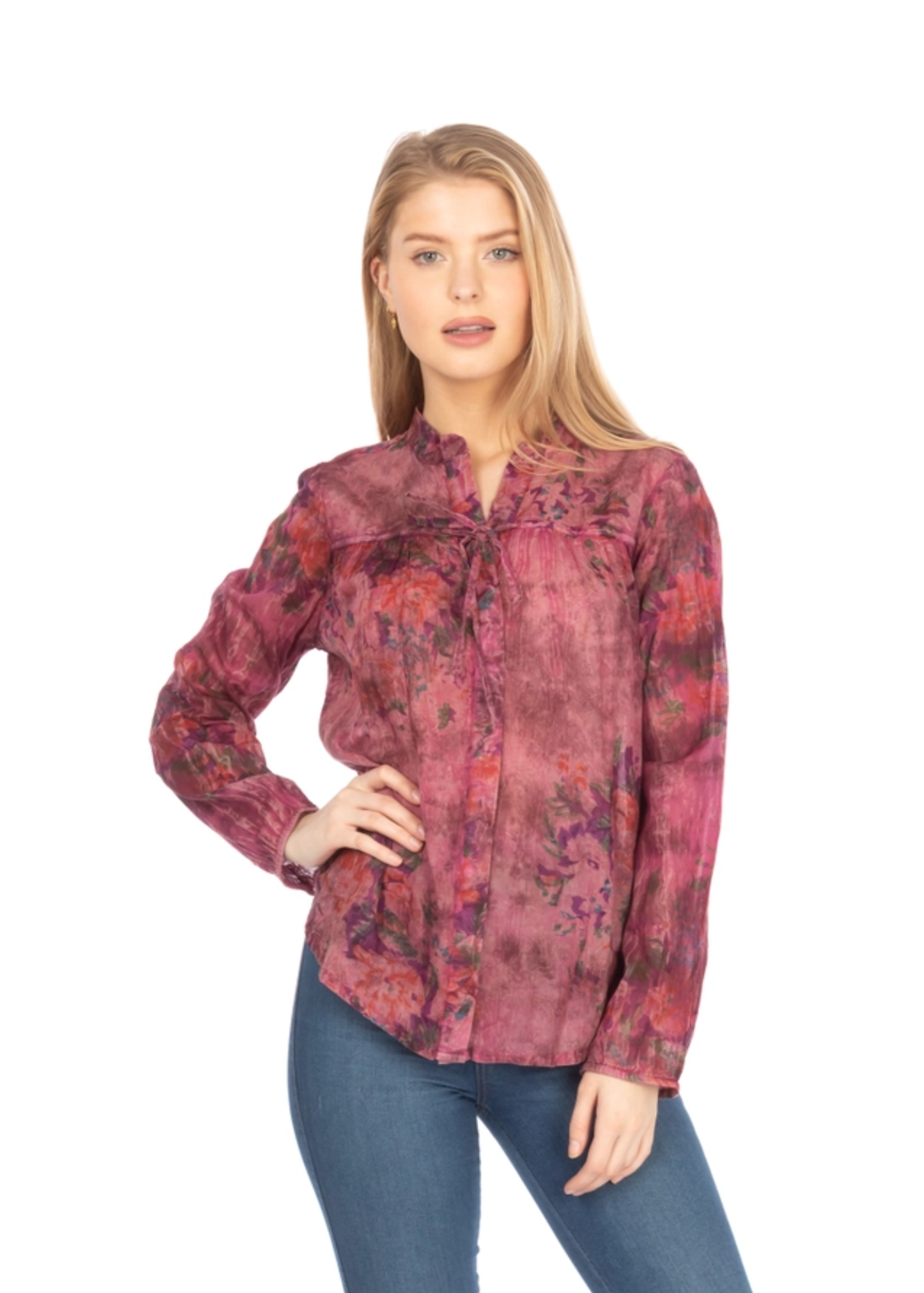 Vintage Goa Floral Orchid Boho Button Top w/Draw Strings