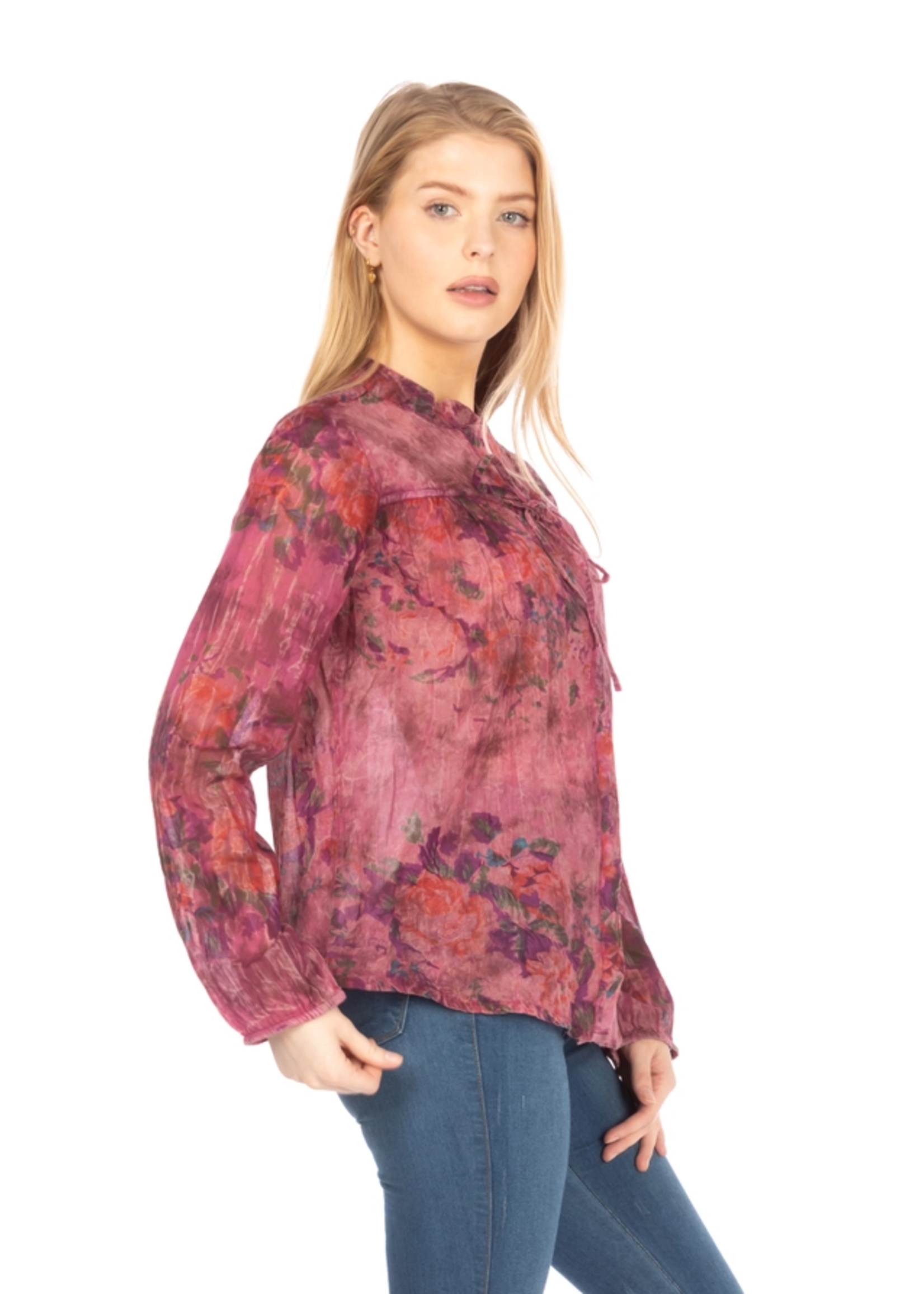 Vintage Goa Floral Orchid Boho Button Top w/Draw Strings