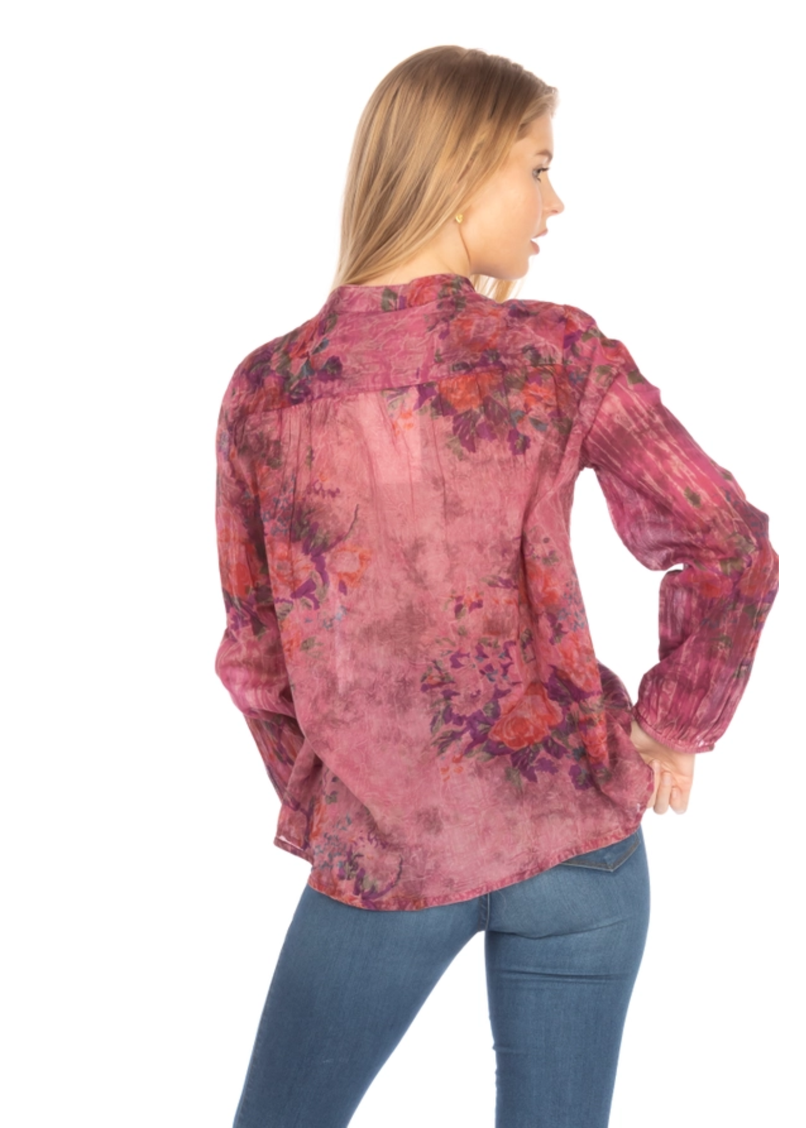 Vintage Goa Floral Orchid Boho Button Top w/Draw Strings