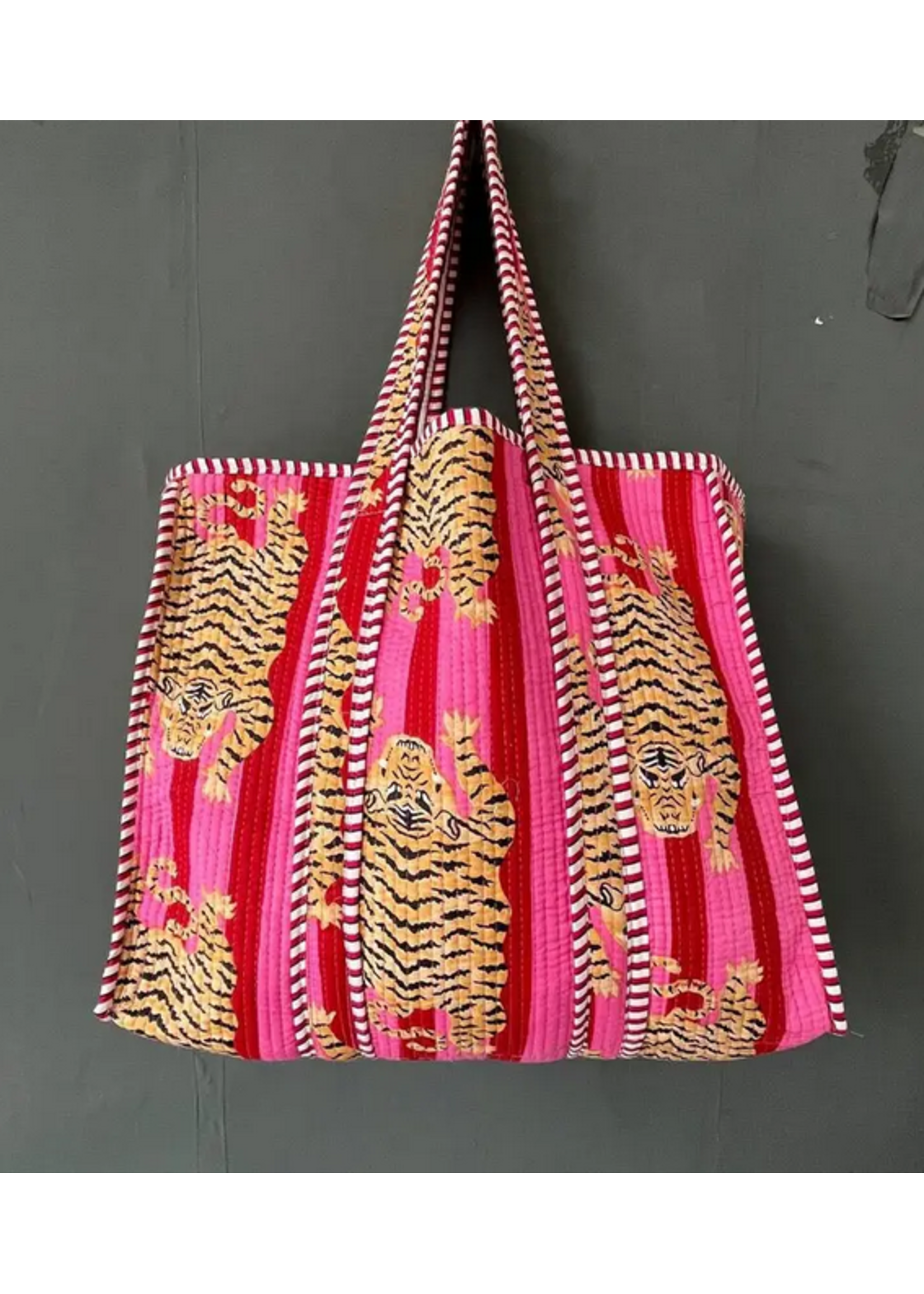 Bhawana Handmade Tiger & Floral Quilted Reversible Cotton Tote Bag