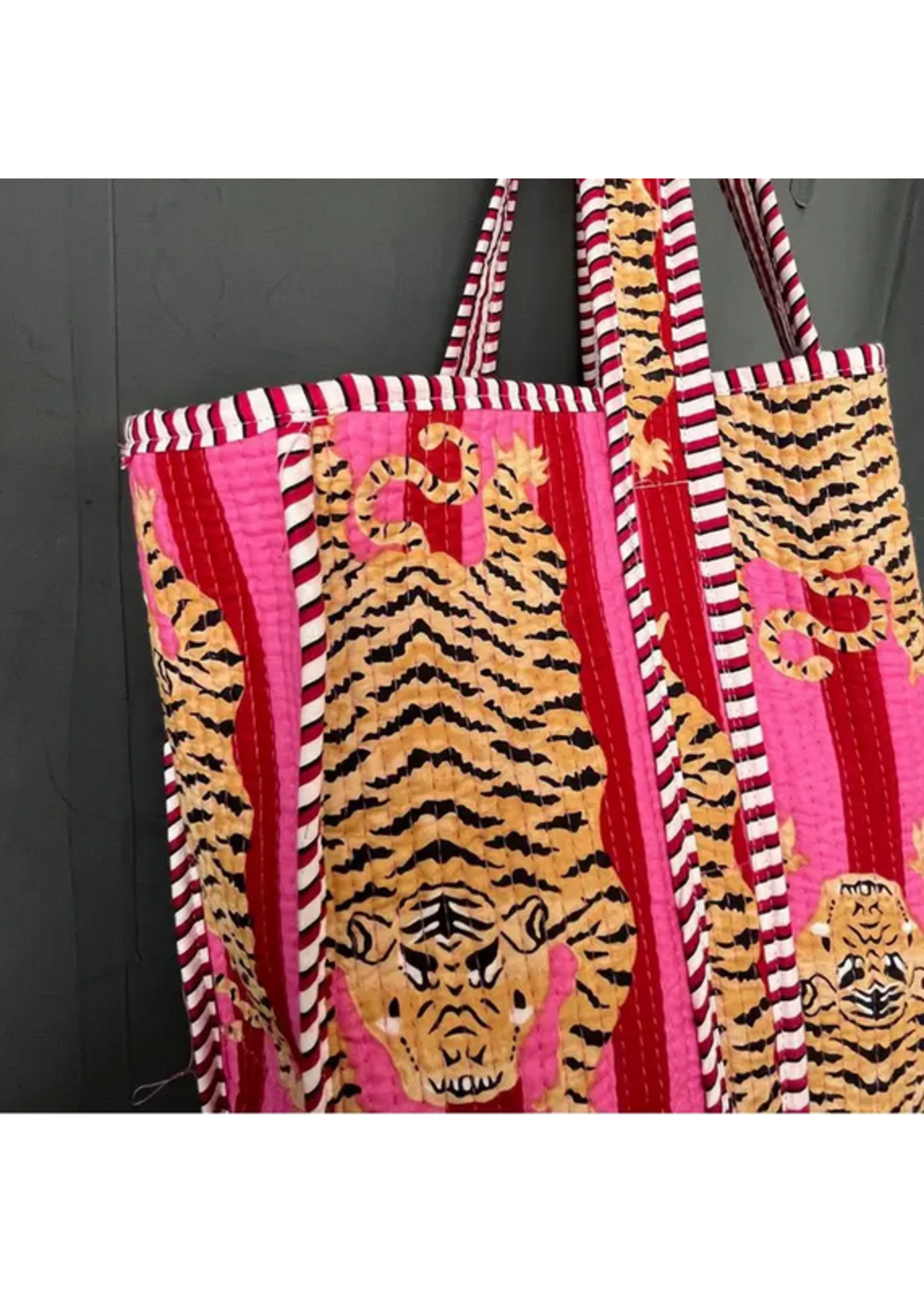 Bhawana Handmade Tiger & Floral Quilted Reversible Cotton Tote Bag