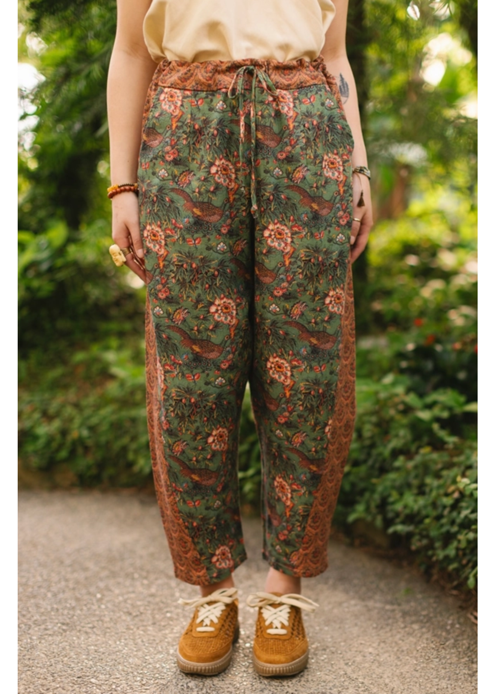 Market of Stars Secret Garden Boho Linen Cropped Printed Artist Pants