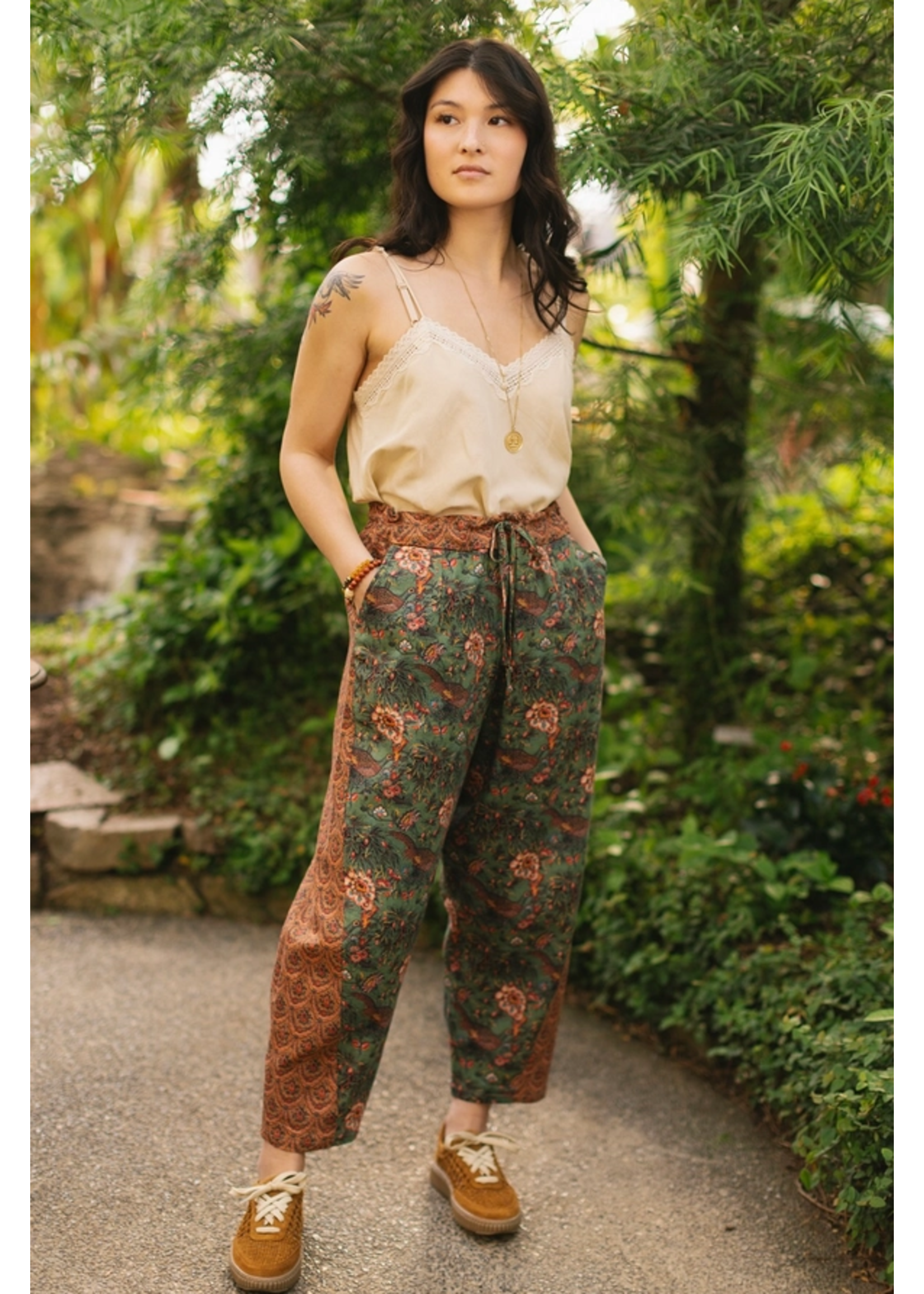 Market of Stars Secret Garden Boho Linen Cropped Printed Artist Pants