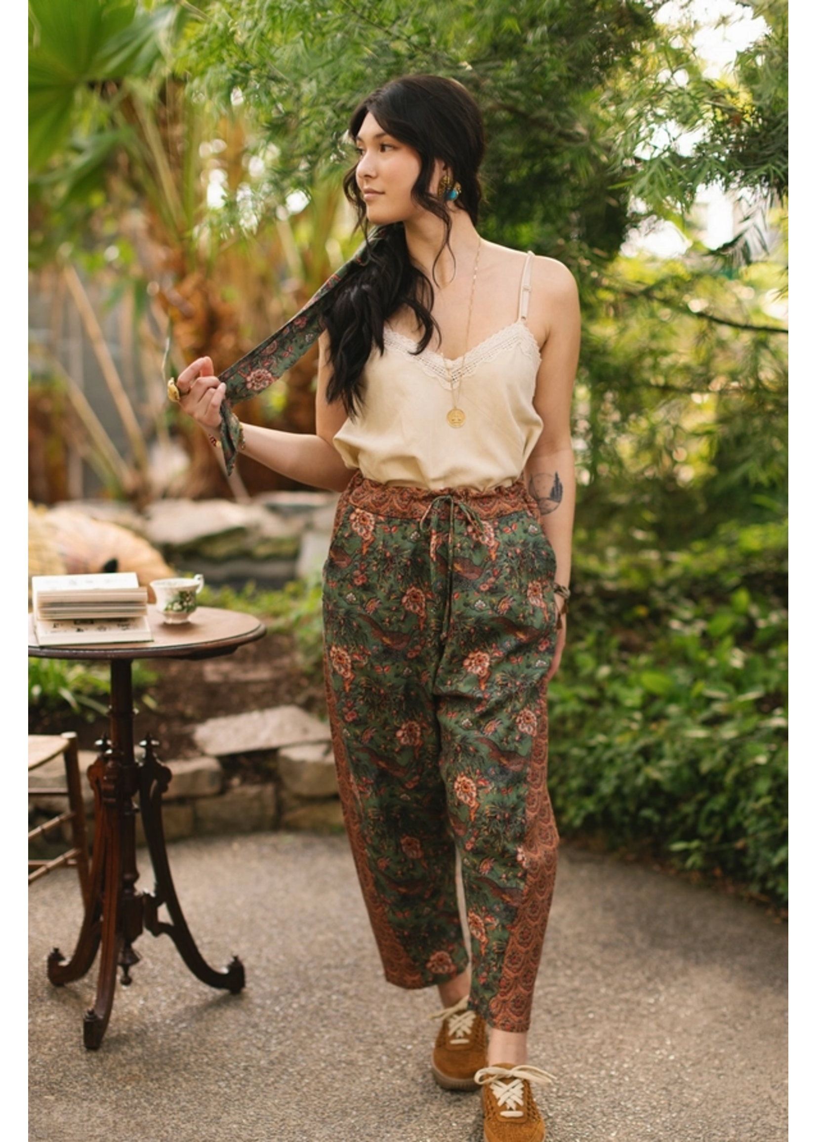 Market of Stars Secret Garden Boho Linen Cropped Printed Artist Pants