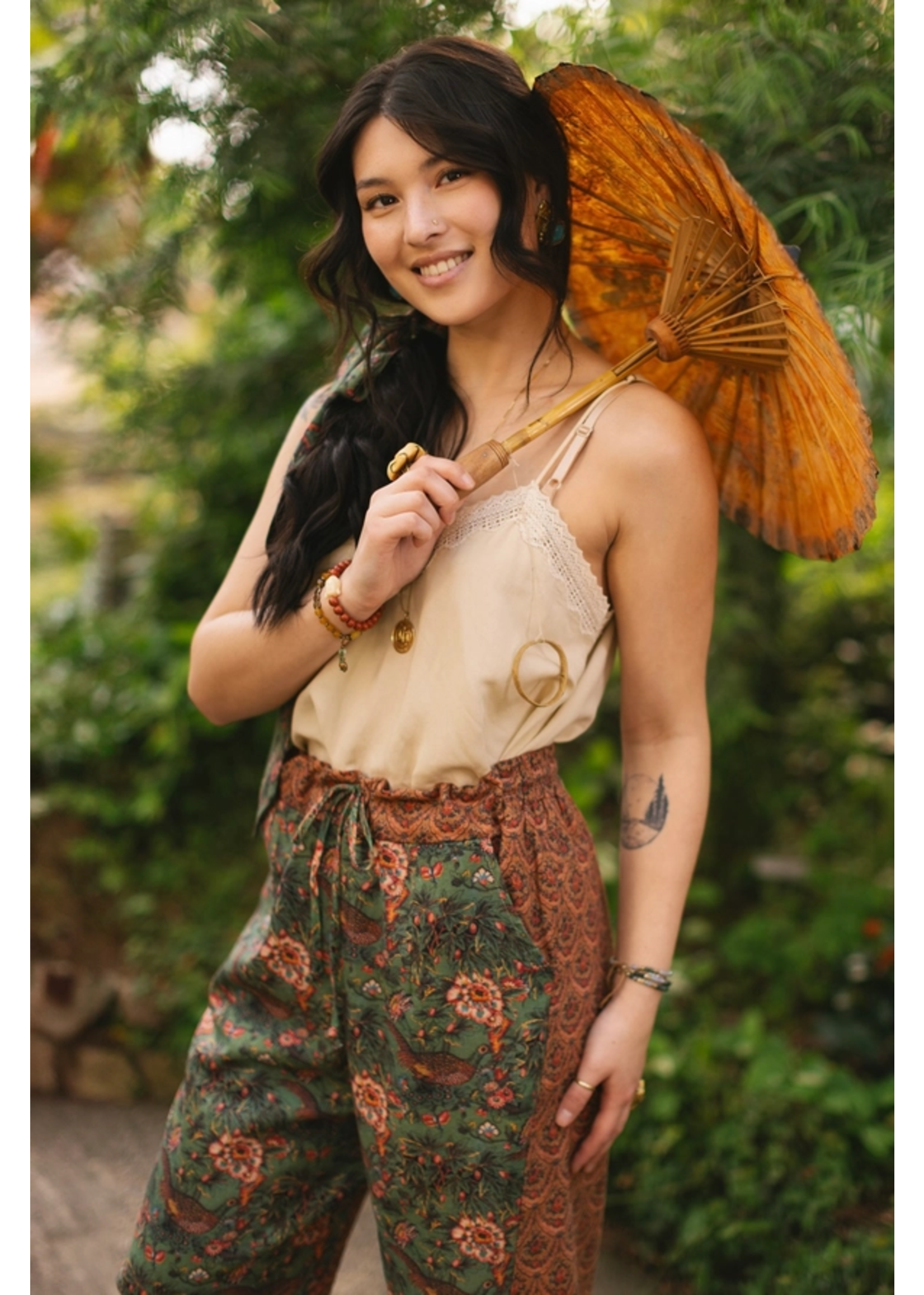 Market of Stars Secret Garden Boho Linen Cropped Printed Artist Pants