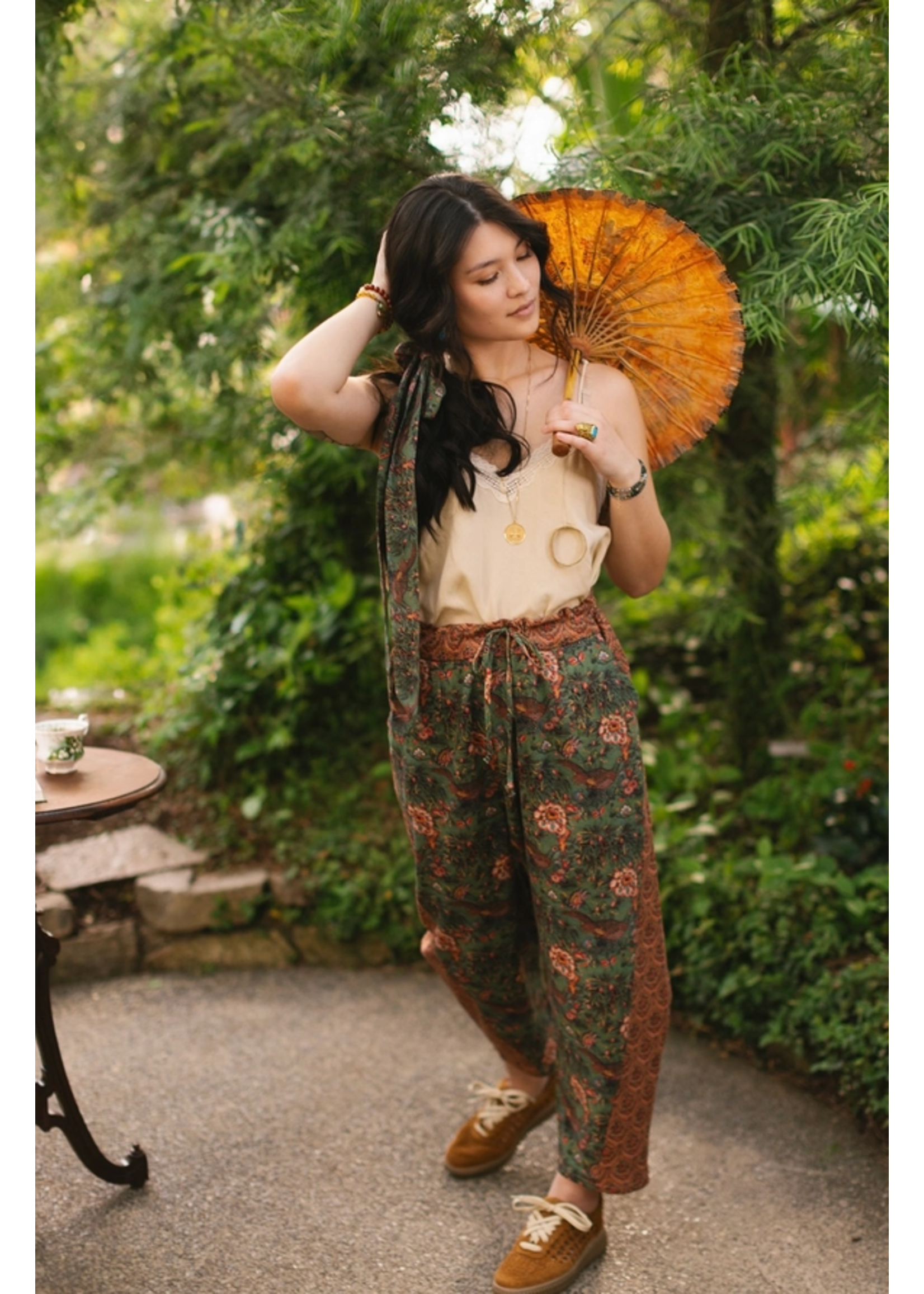 Market of Stars Secret Garden Boho Linen Cropped Printed Artist Pants