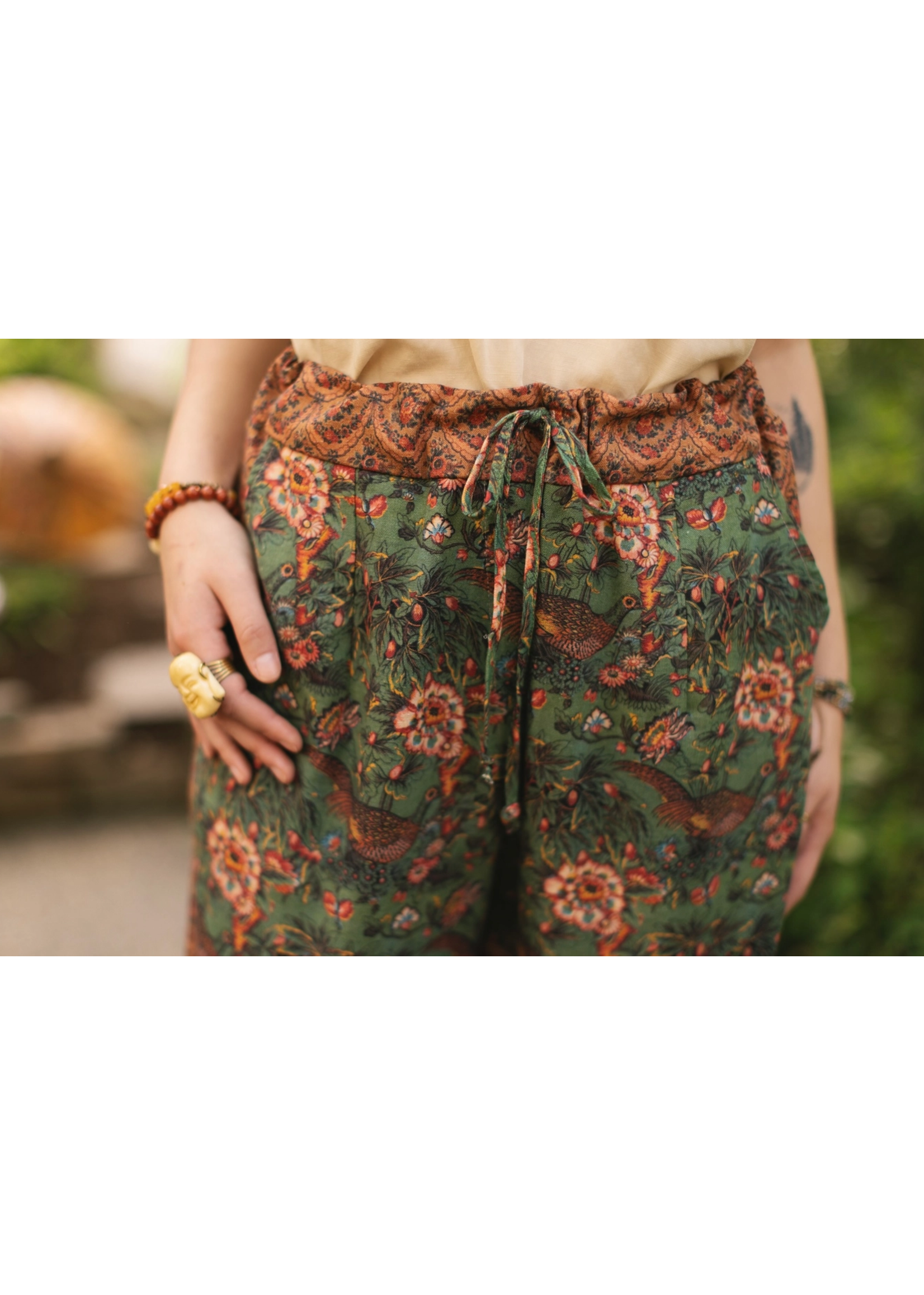Market of Stars Secret Garden Boho Linen Cropped Printed Artist Pants