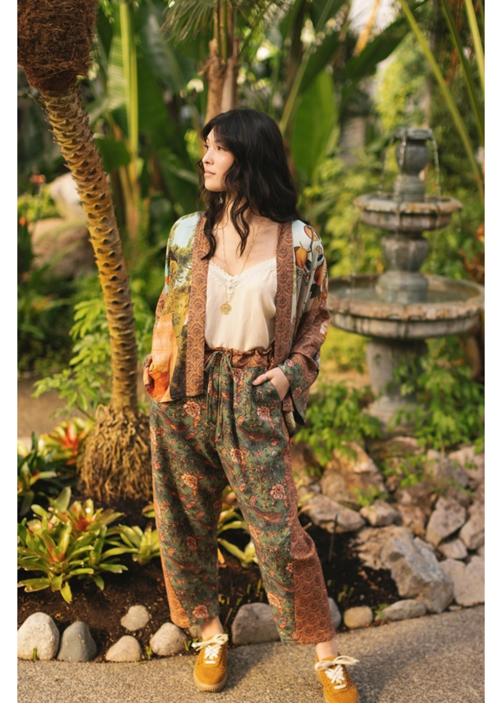 Market of Stars Secret Garden Boho Linen Cropped Printed Artist Pants