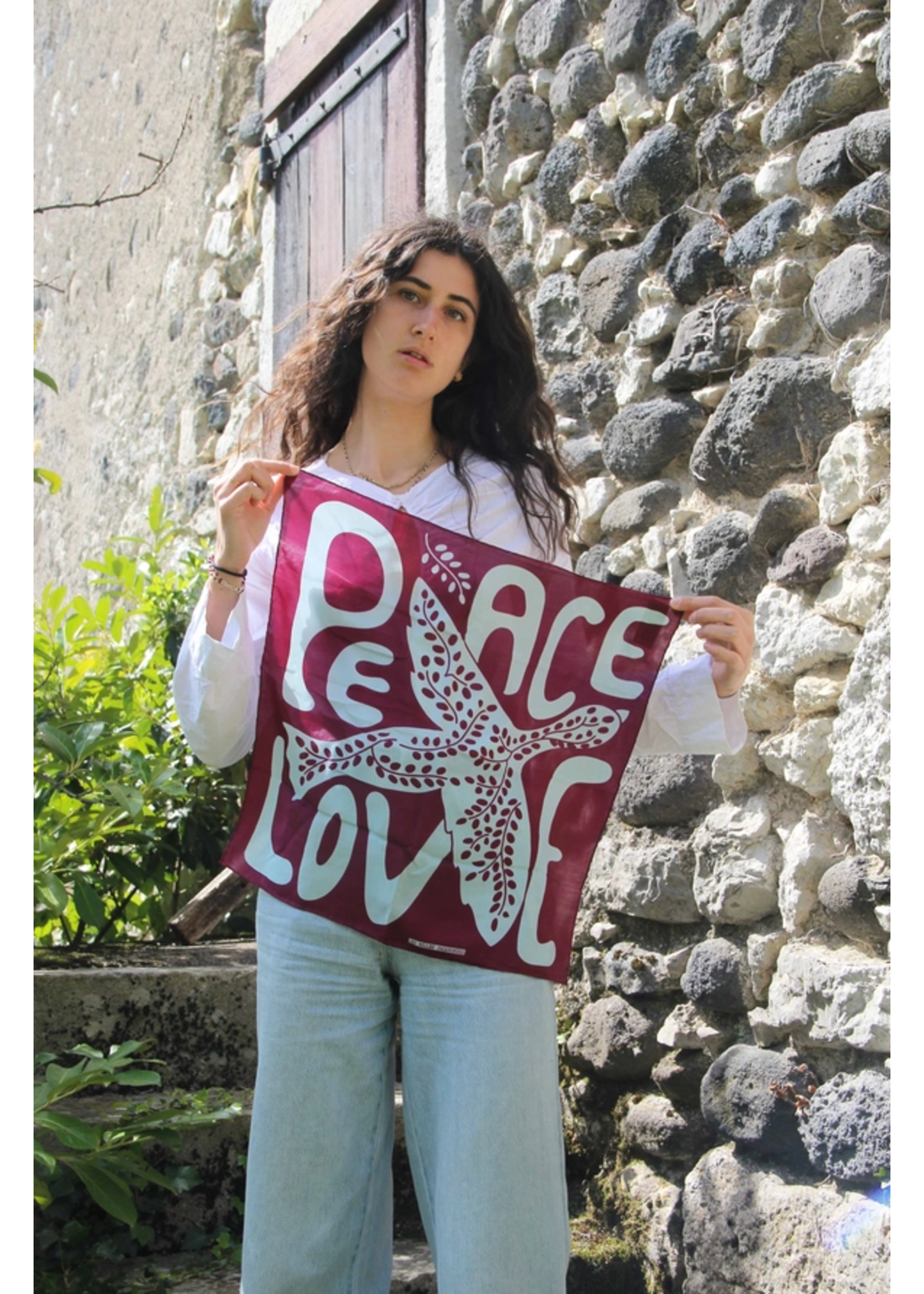 LBV 100% Pure Silk Mini Scarf Peace and Love Bordeaux
