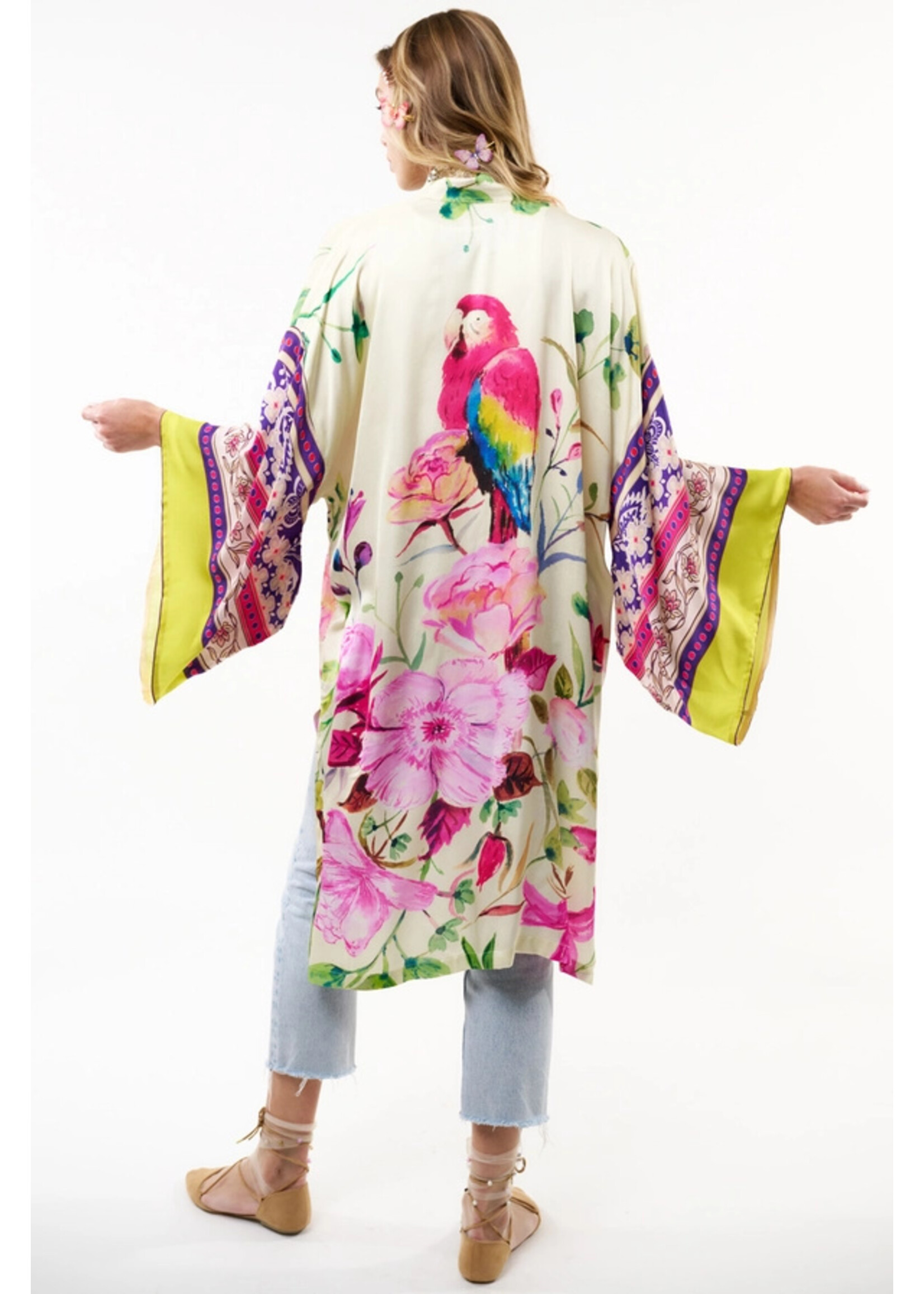 Aratta Tropical Mood Hand-beaded Kimono | Ivory Parrots / One Size