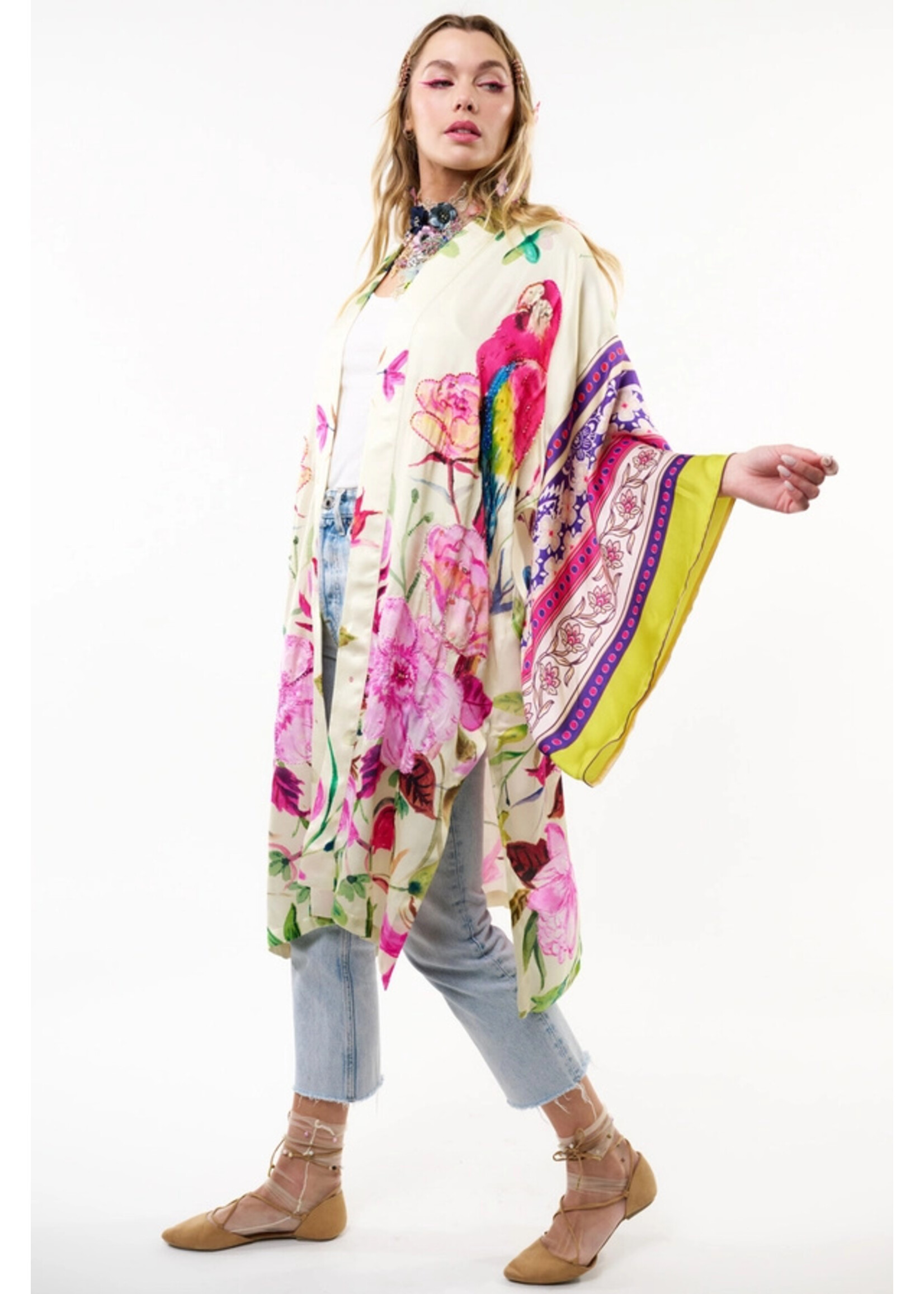 Aratta Tropical Mood Hand-beaded Kimono | Ivory Parrots / One Size