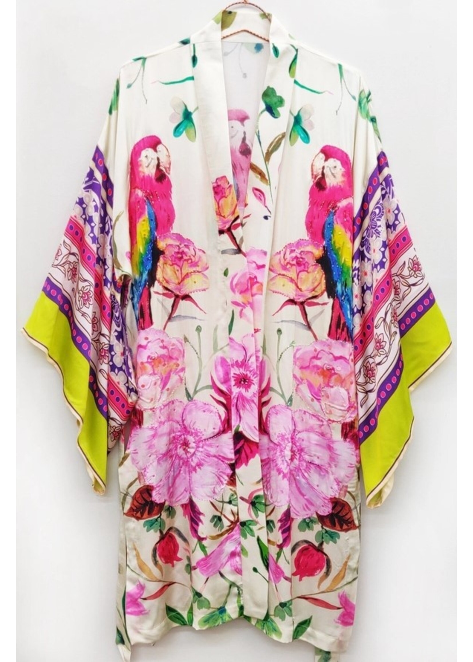 Aratta Tropical Mood Hand-beaded Kimono | Ivory Parrots / One Size