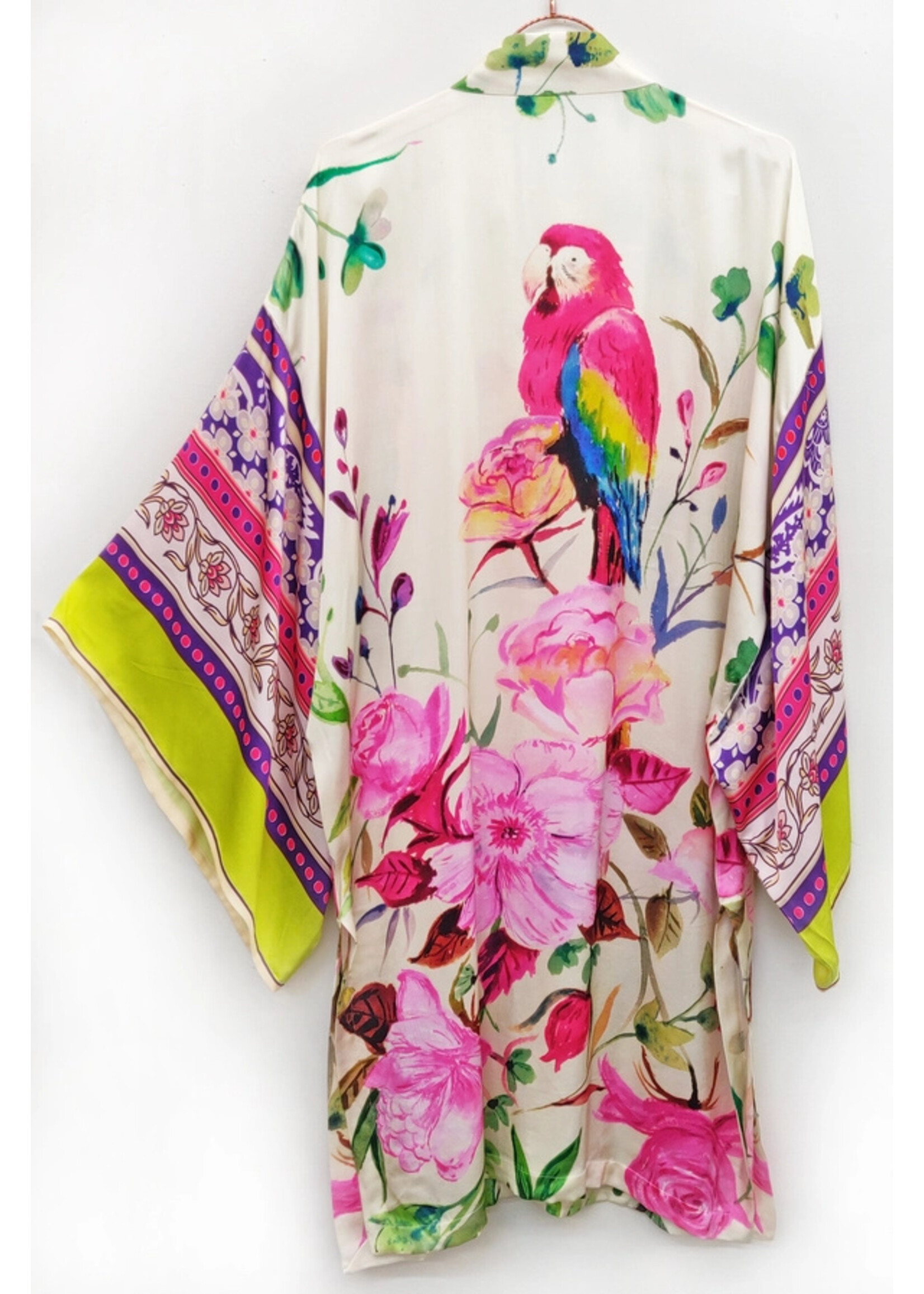 Aratta Tropical Mood Hand-beaded Kimono | Ivory Parrots / One Size