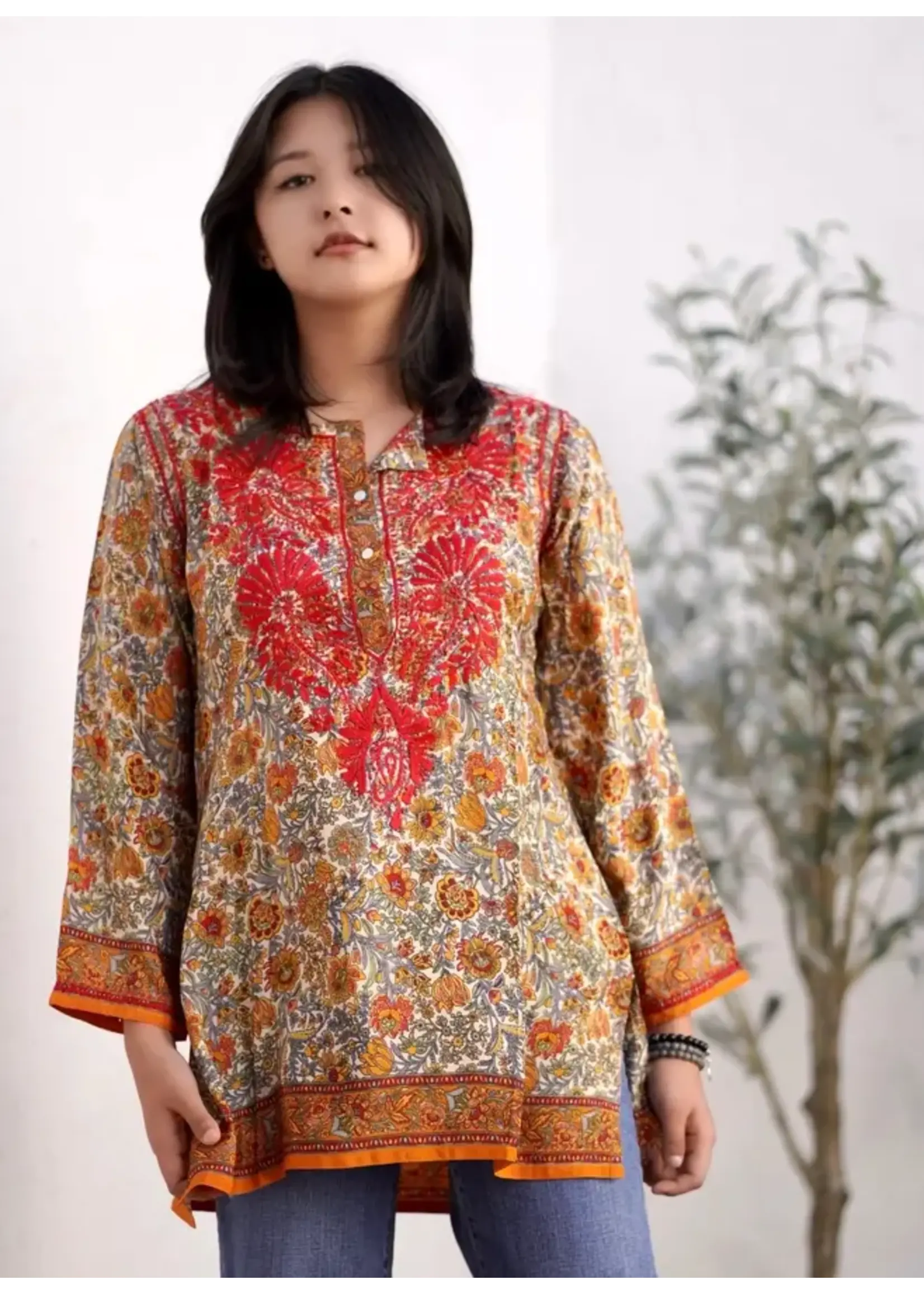 Dolma Embroidered Tunic Red & Orange