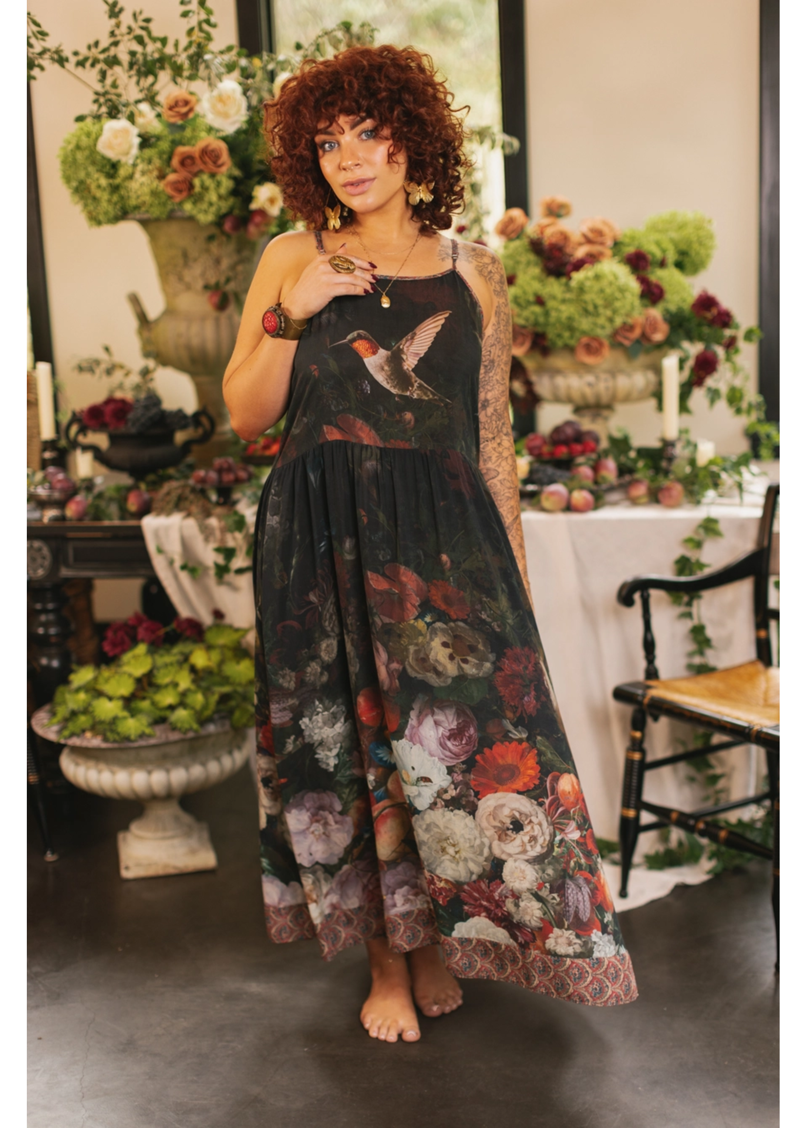 Market of Stars Flight of Fancy Floral Bamboo Slip Dress with Hummingbirds