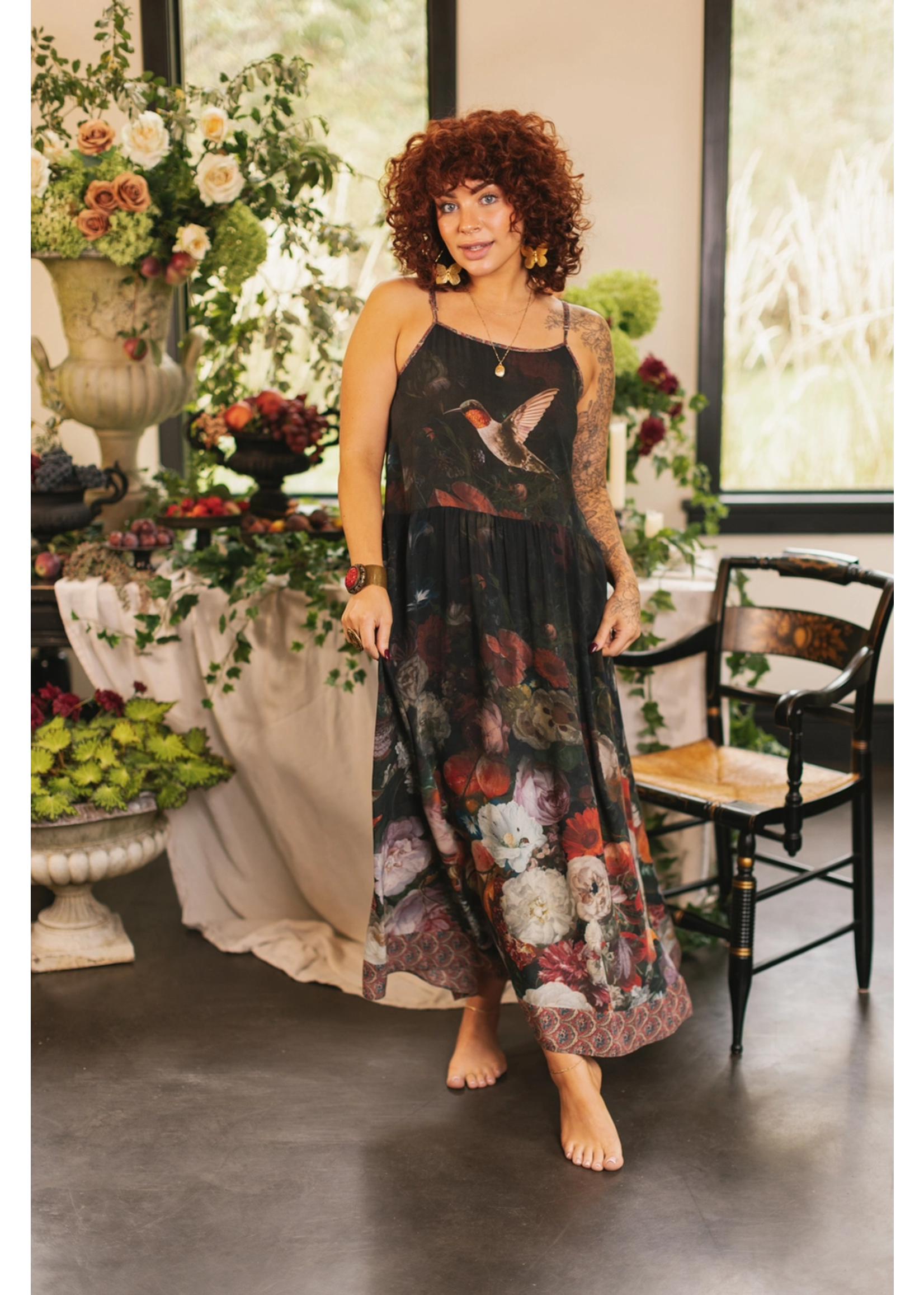 Market of Stars Flight of Fancy Floral Bamboo Slip Dress with Hummingbirds