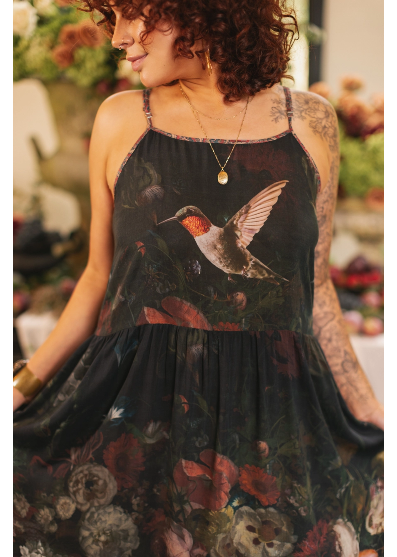 Market of Stars Flight of Fancy Floral Bamboo Slip Dress with Hummingbirds