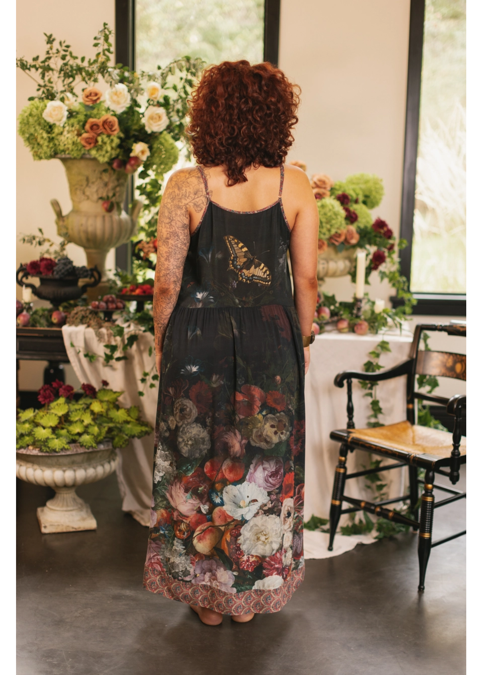 Market of Stars Flight of Fancy Floral Bamboo Slip Dress with Hummingbirds