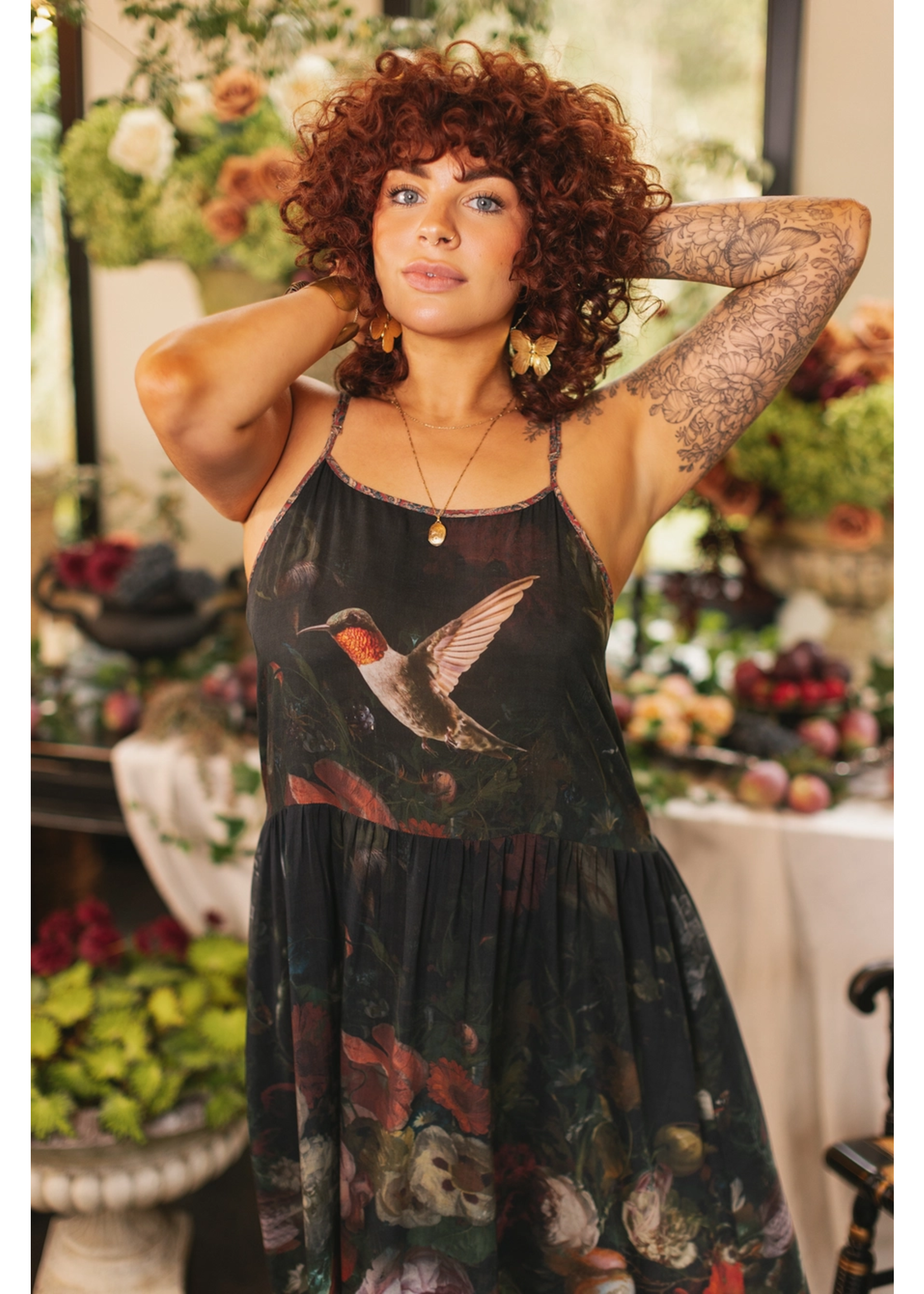 Market of Stars Flight of Fancy Floral Bamboo Slip Dress with Hummingbirds