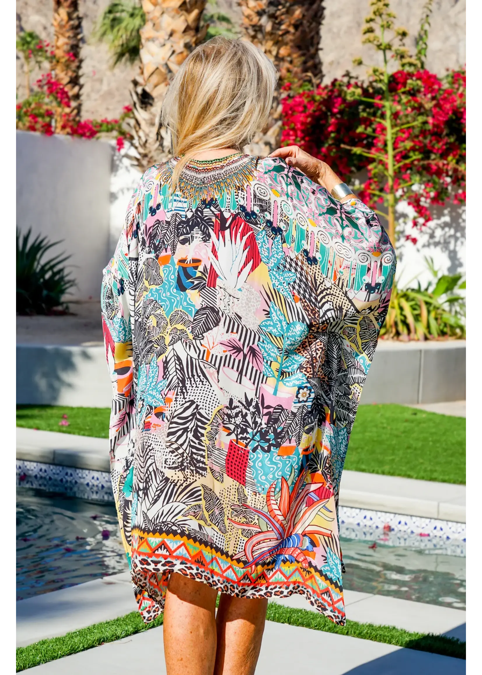 Bali Queen Bombay Short Jeweled Caftan Fabulous Flamingo One Size