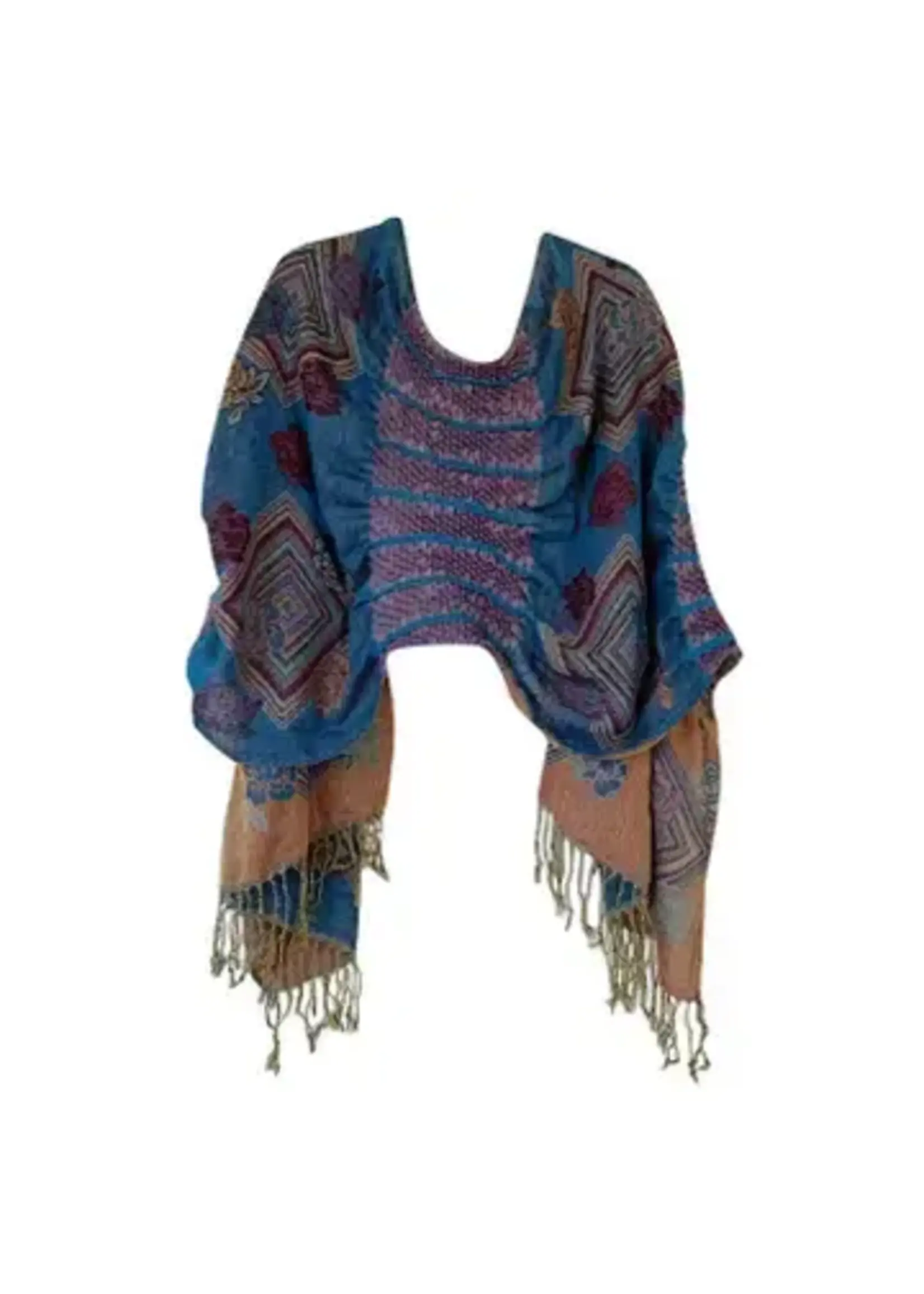 J&X  Ruffle Shawl Blue & Rust