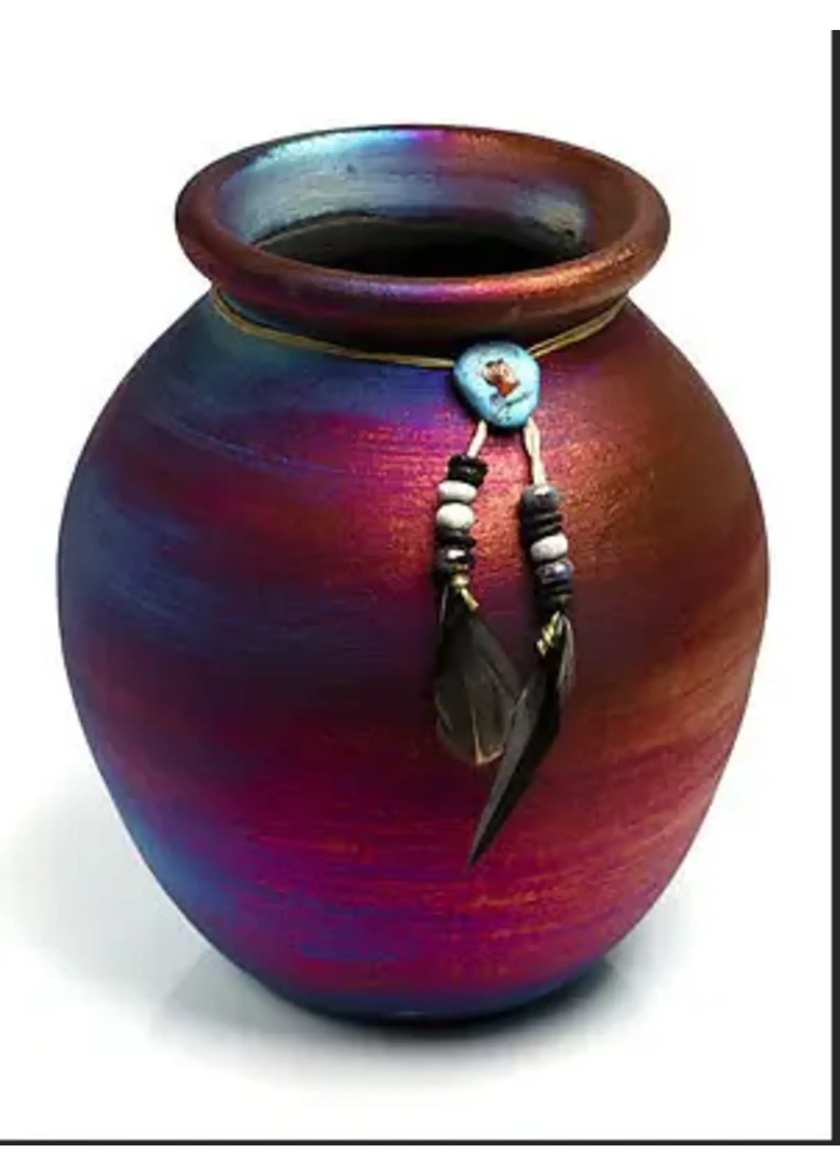 Raku Pottery Large Spirit Jar 7" w/Raku Beads