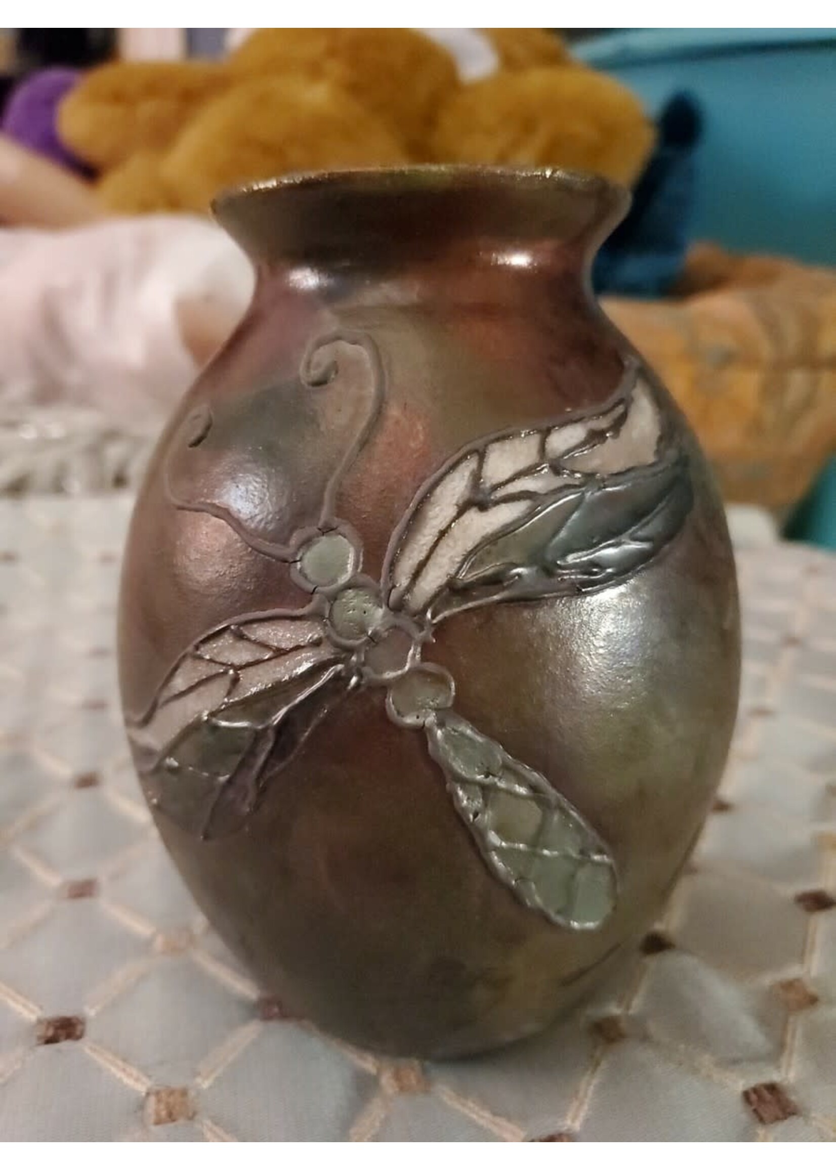 Raku Pottery Large Silhouette Vase Dragonfly