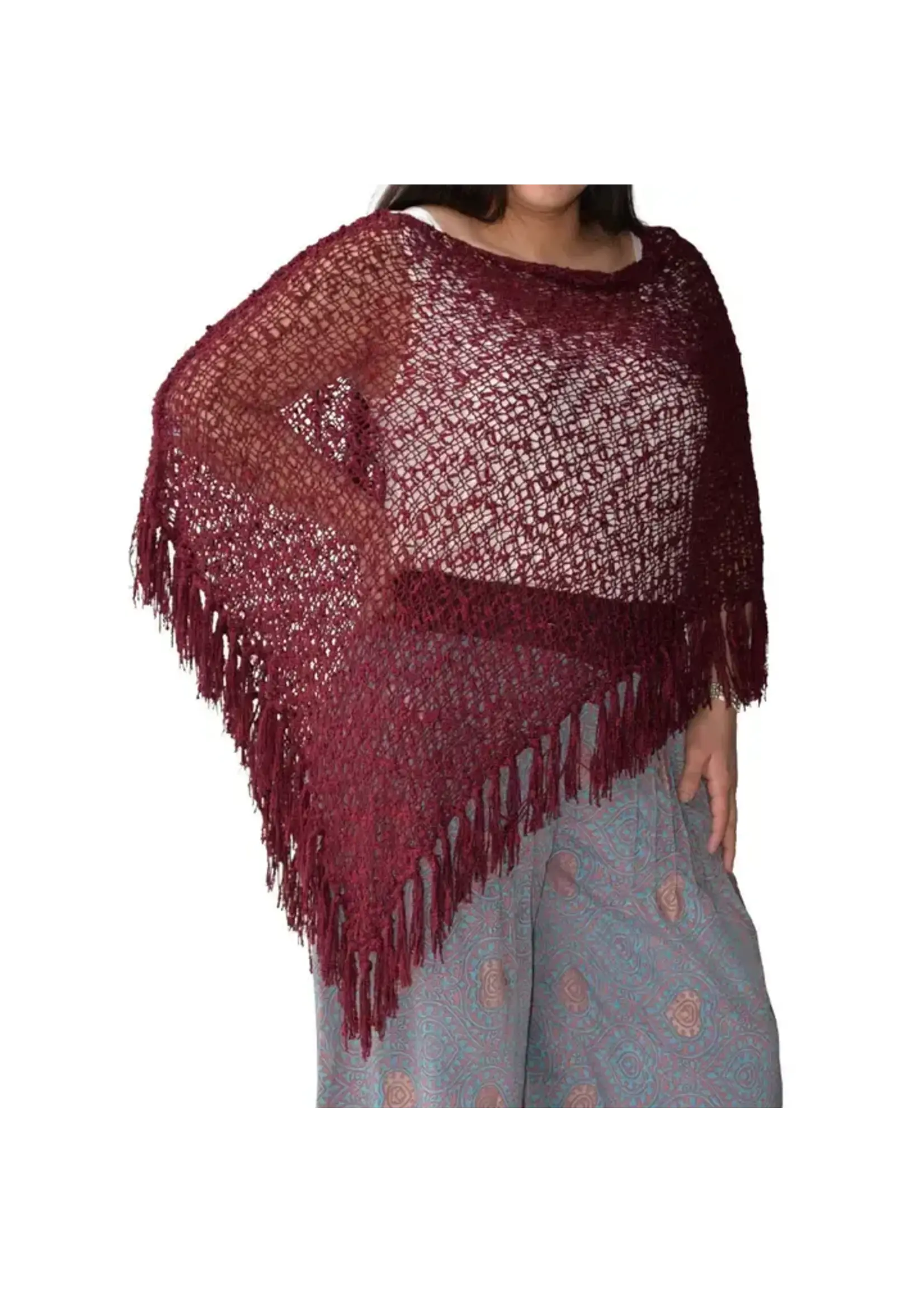 Popcorn Poncho with Fringe Burgundy