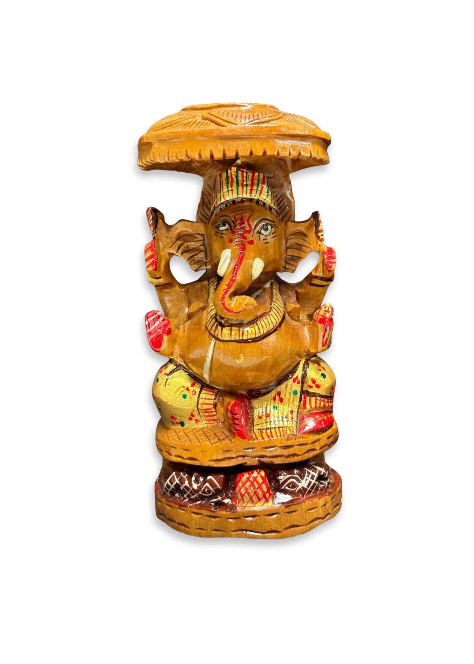 IA Wooden Ganesha Sitting Under Umbrella