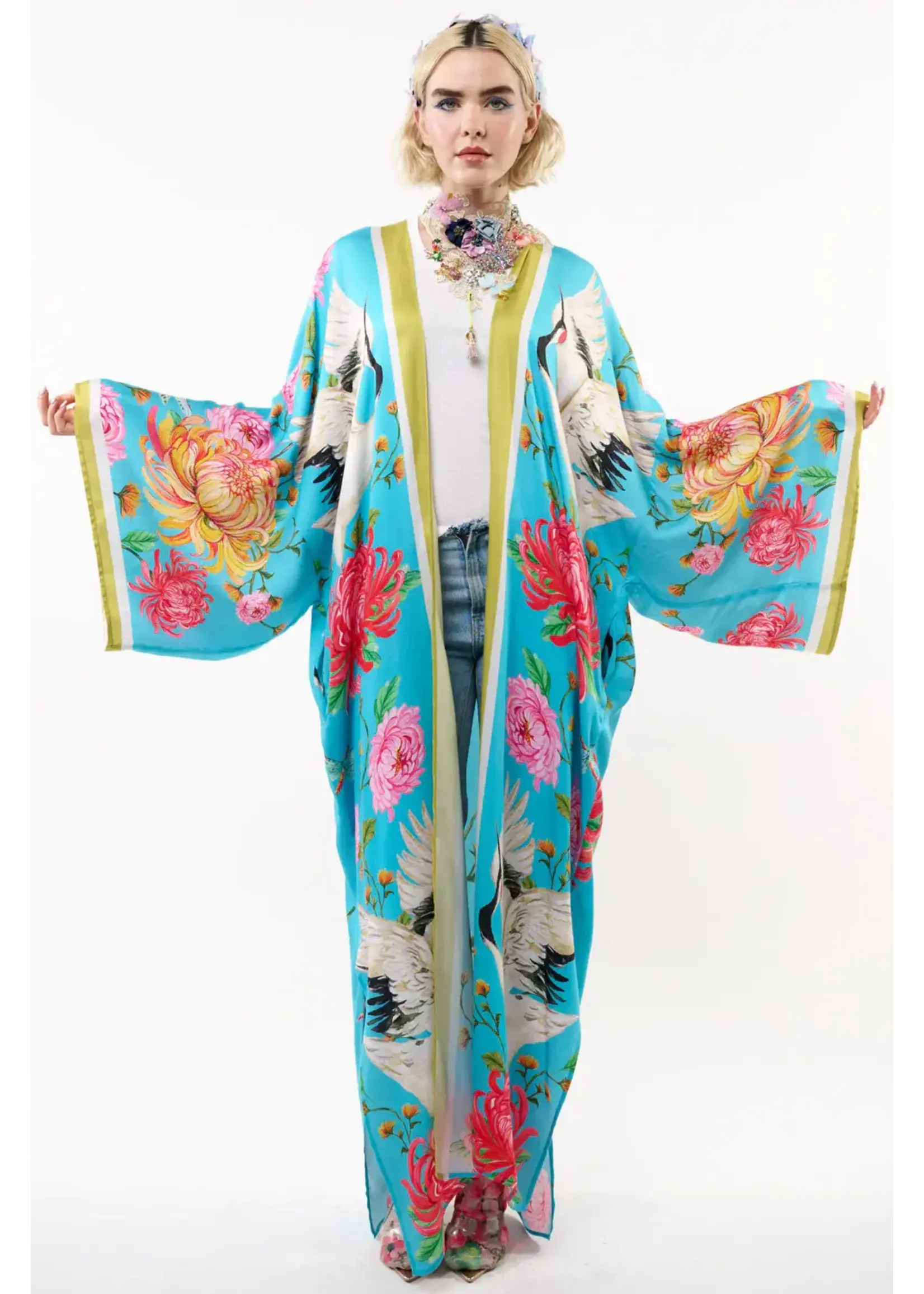 Aratta The Legend of the Crane Maxi Kimono | Teal Crane / One Size