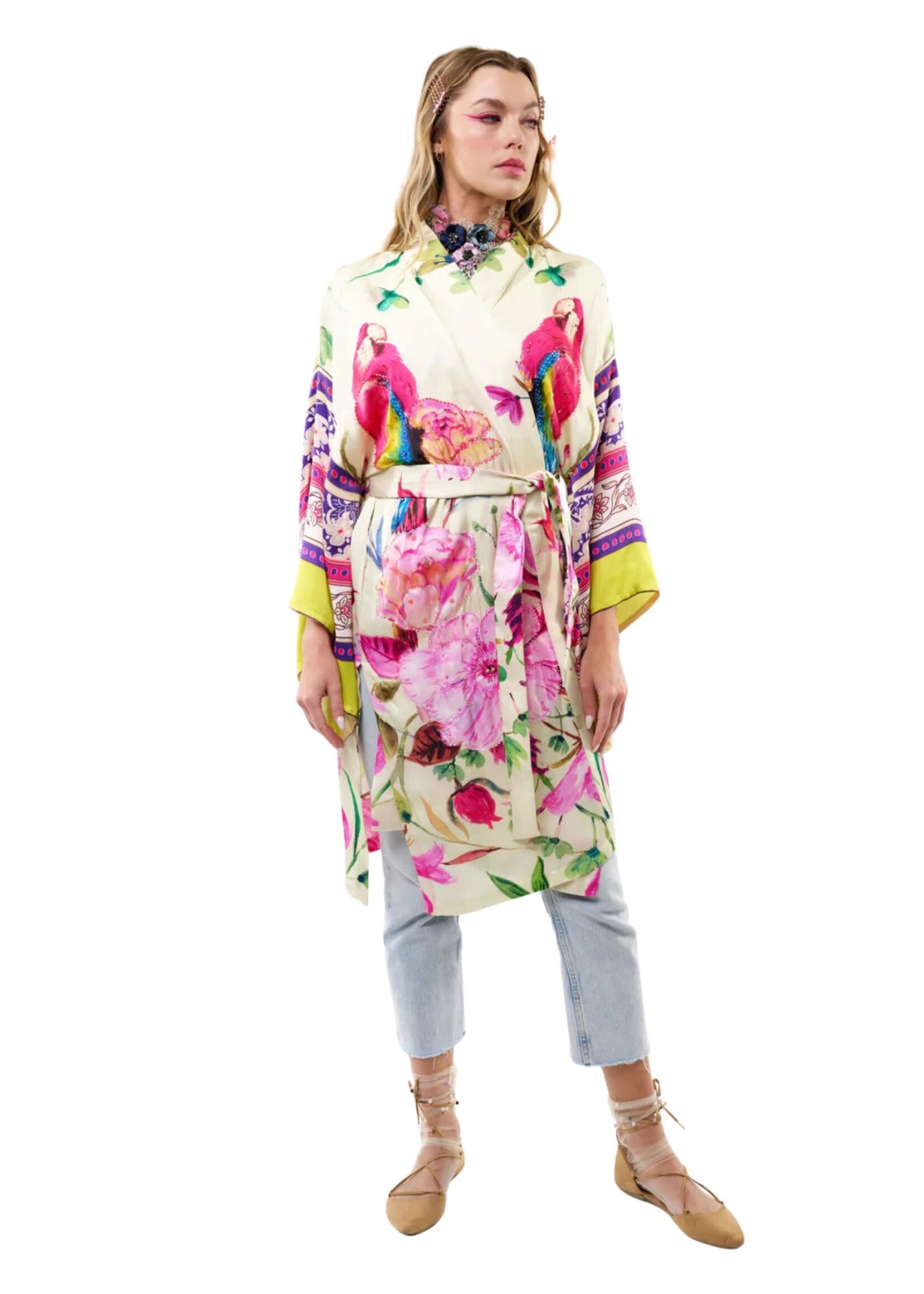 Aratta Tropical Mood Hand-beaded Kimono | Ivory Parrots / One Size