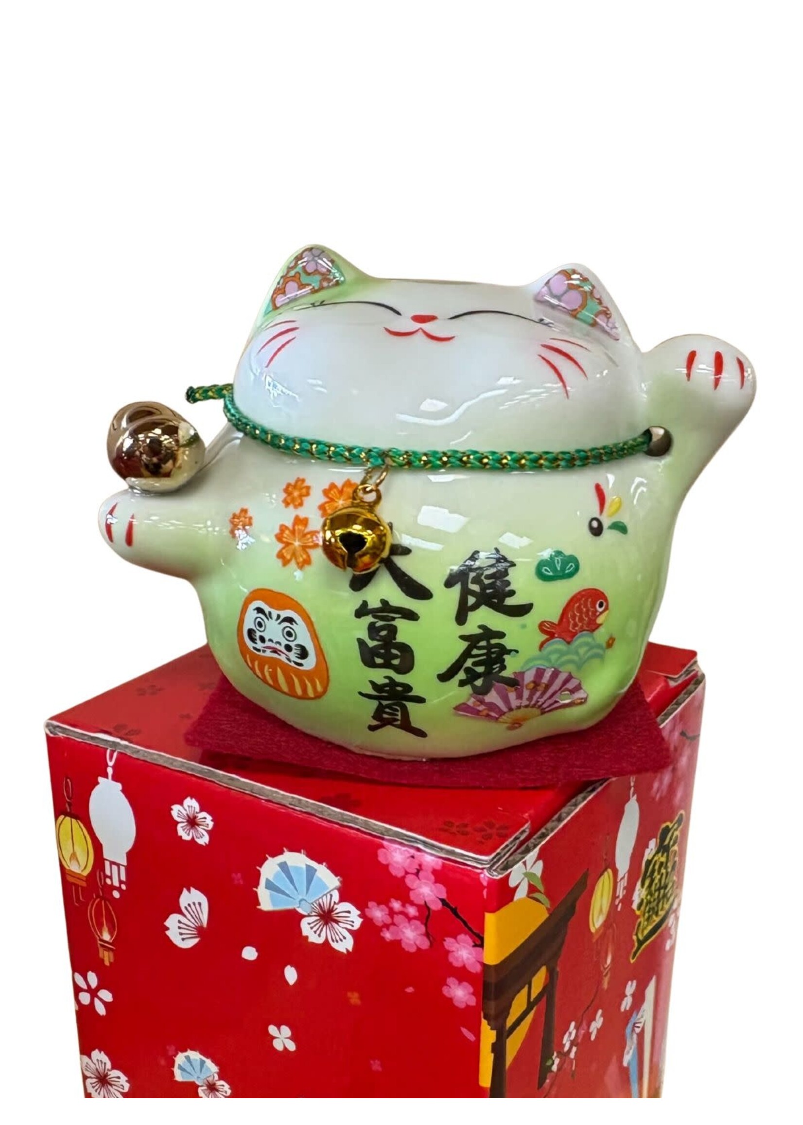 Lucky Cat Ceramic Figurine Green 3.5 inch