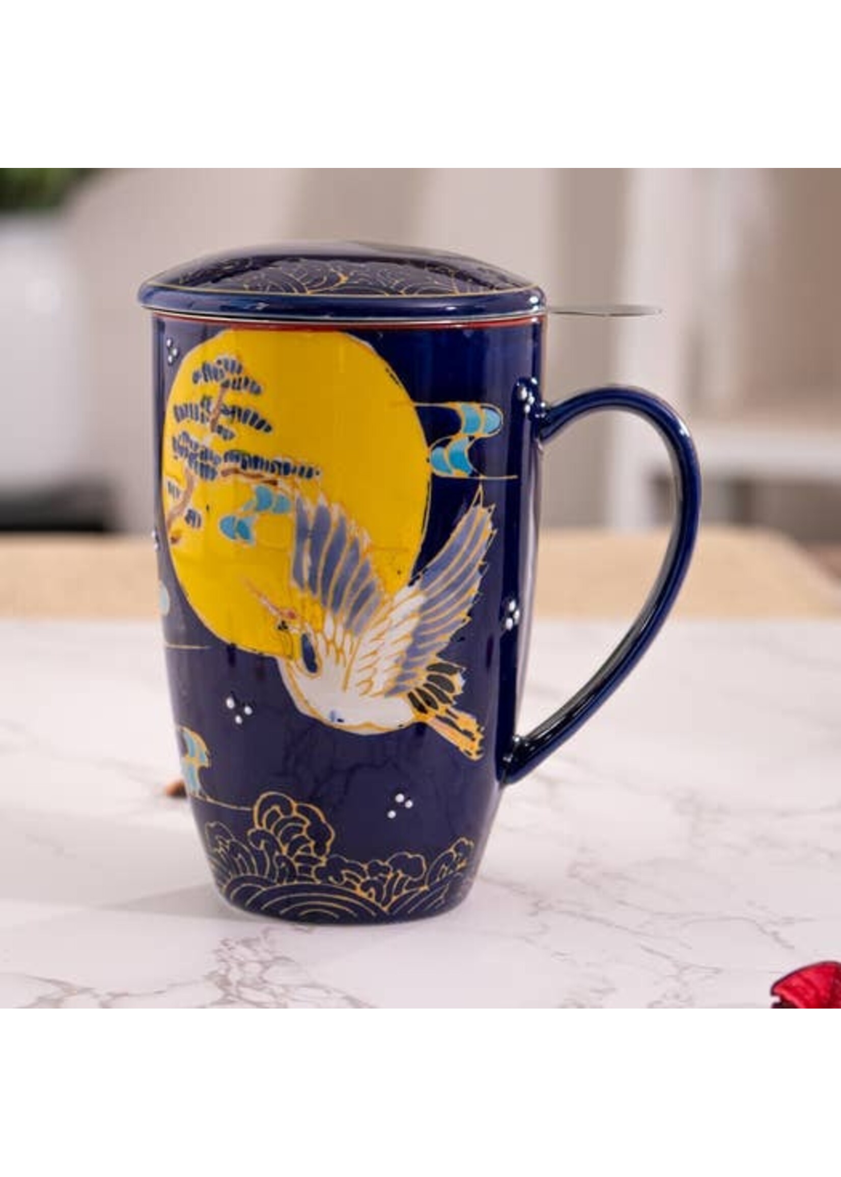 Tea Mug with Lid and Infuser Japanese Crane 15oz