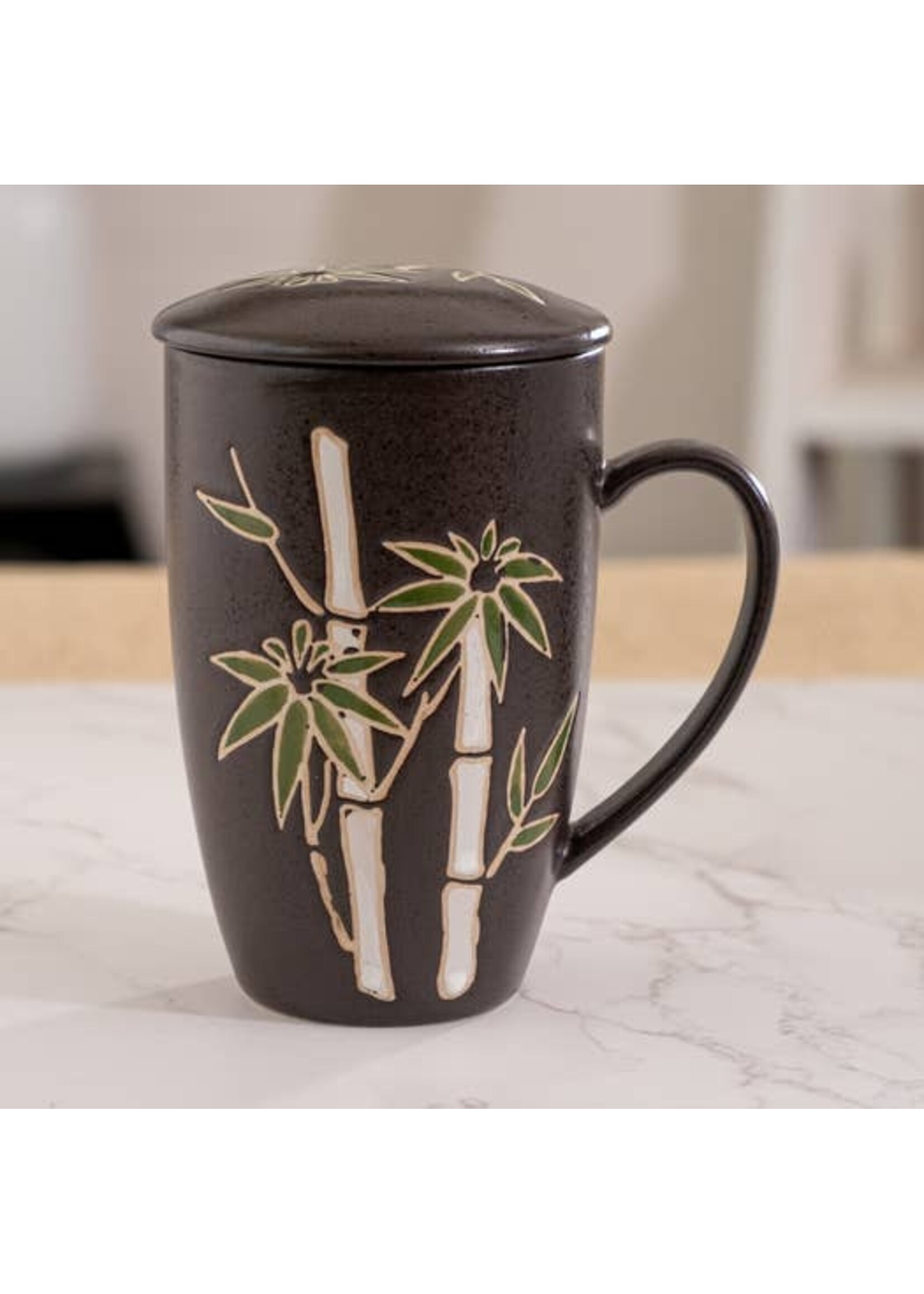 Tea Mug with Lid and Infuser Bamboo Design Black 15oz