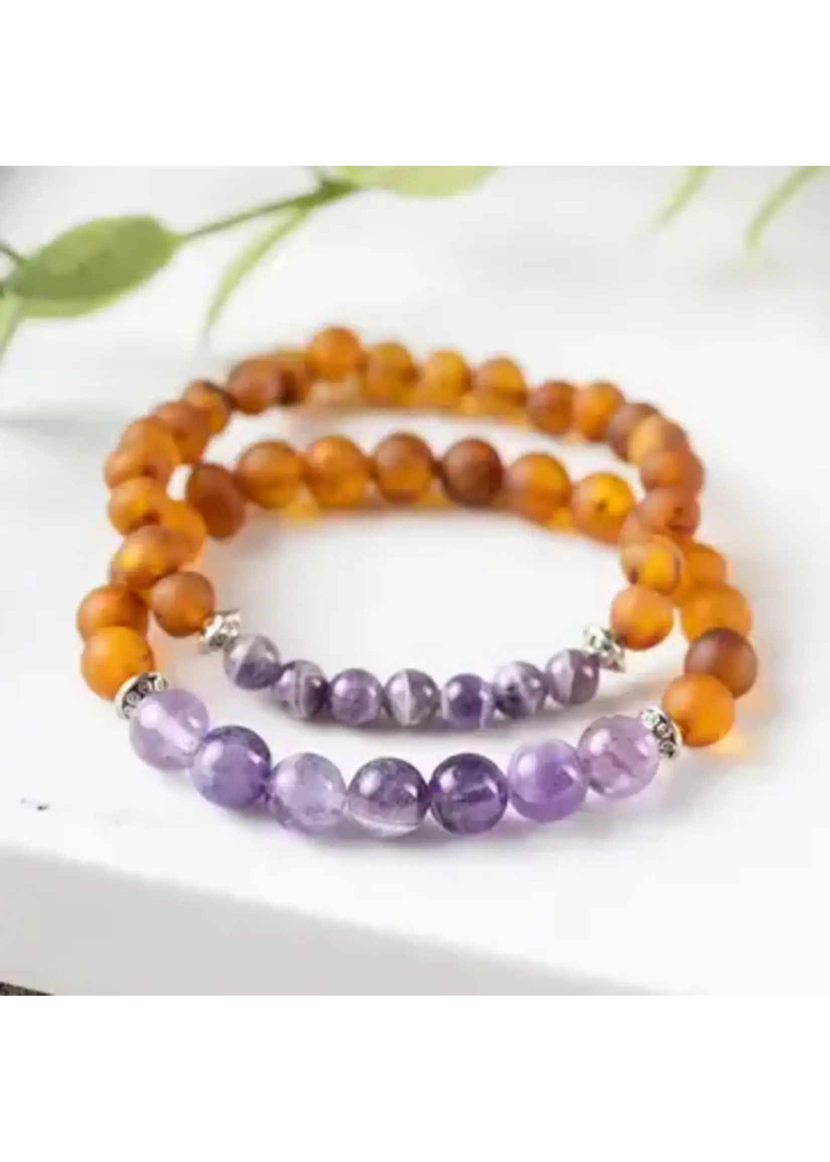 RBAmber Bracelet Amethyst & Raw Cognac Amber 7"