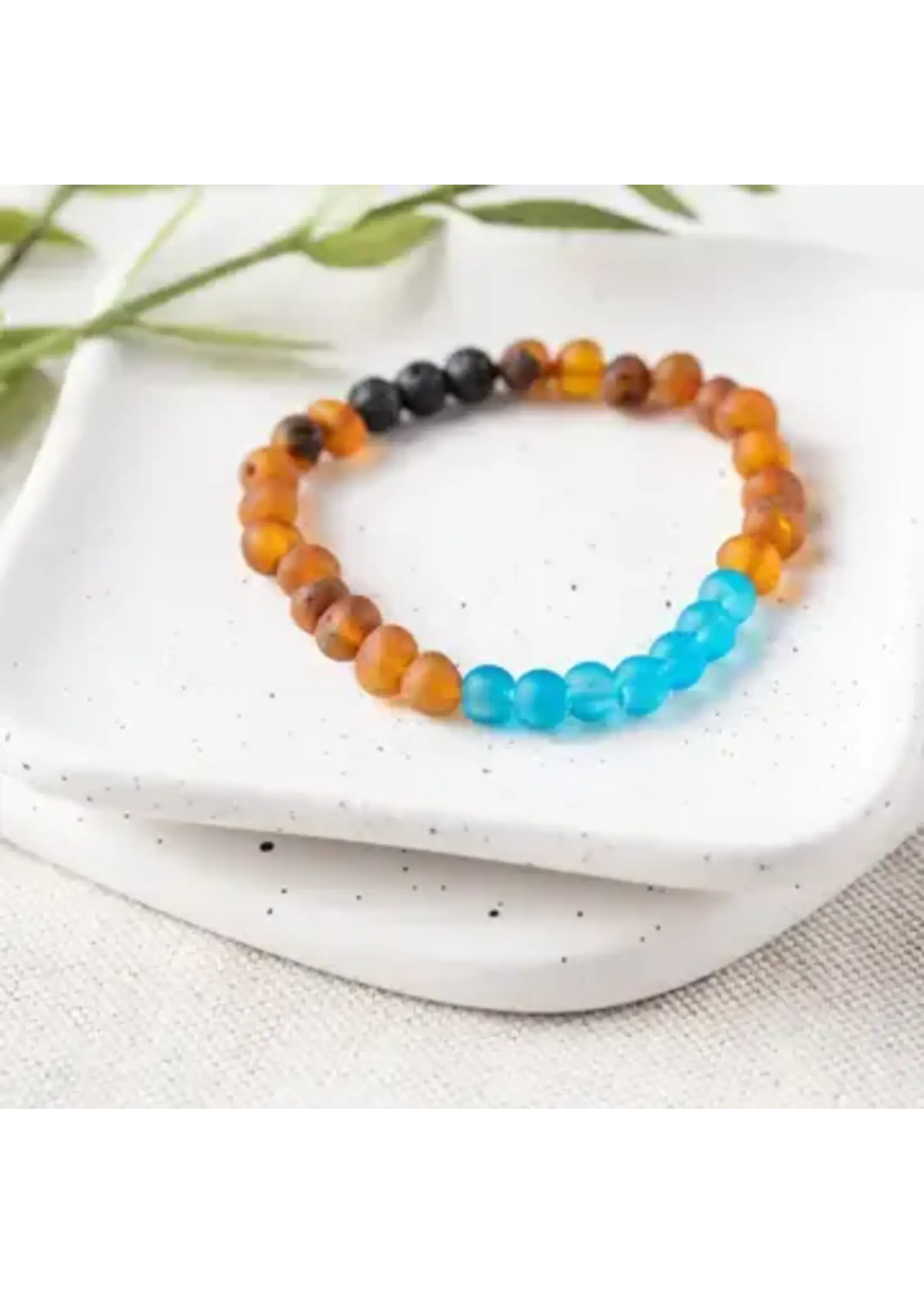 Bracelet Marine Blue Sea Glass and Raw Cognac Amber 7"