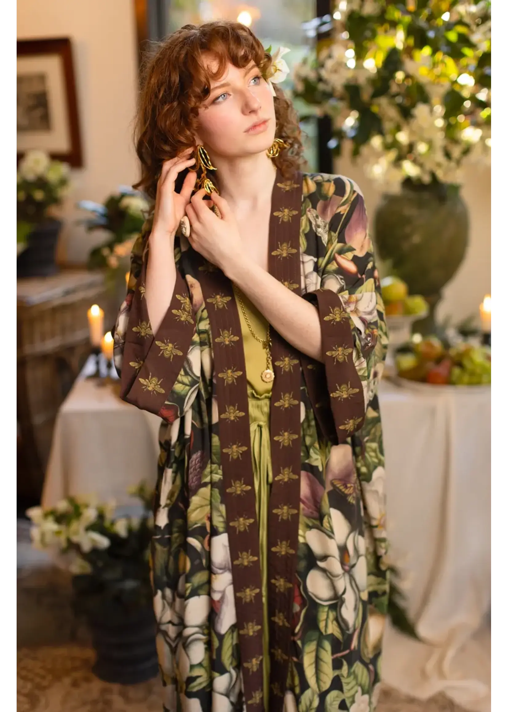 Kimono Robe Duster Fleur De Lune w Florals and Bees Opera Length