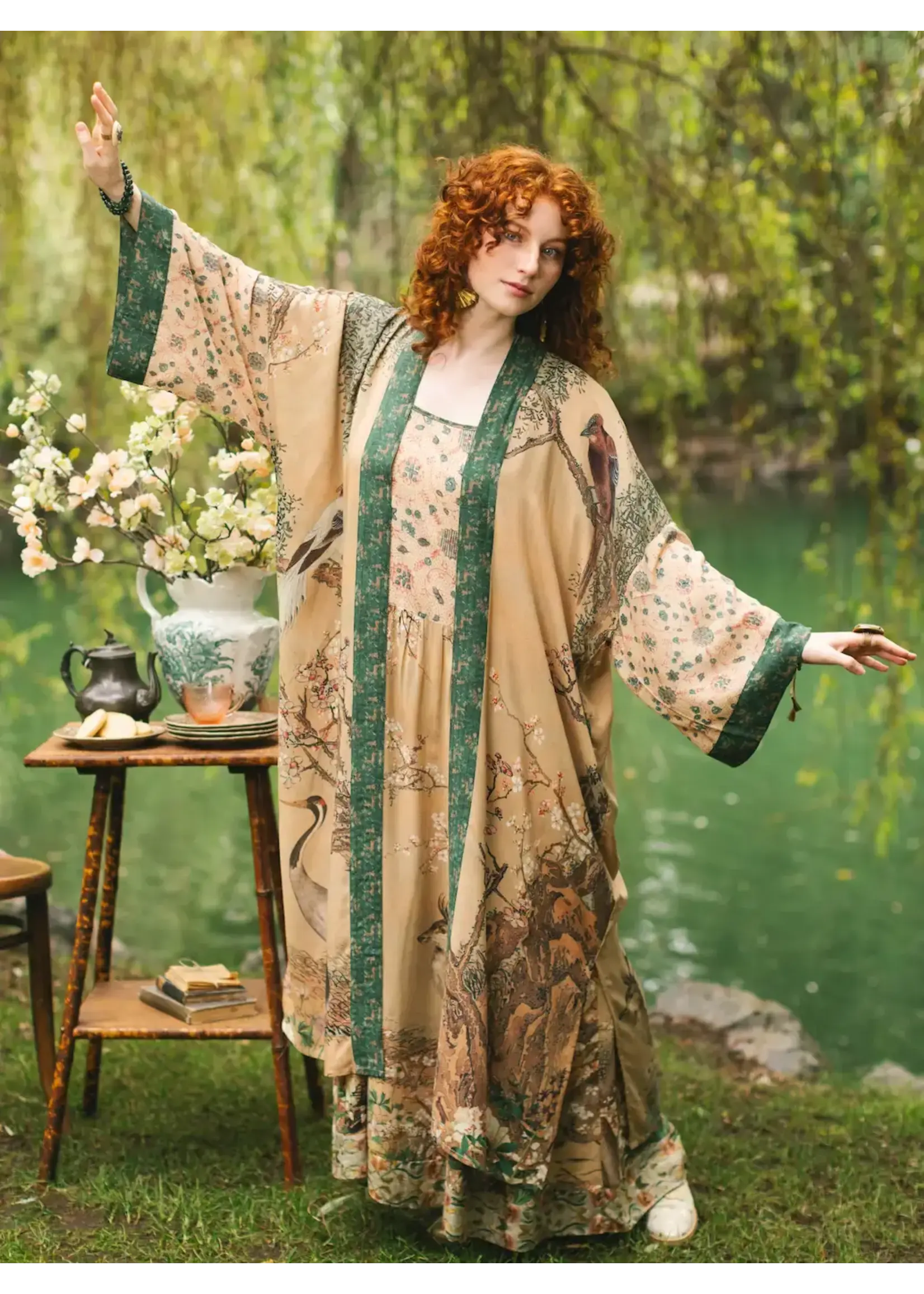 Kimono Robe Fable Opera Duster with Deer Moon & Blossom