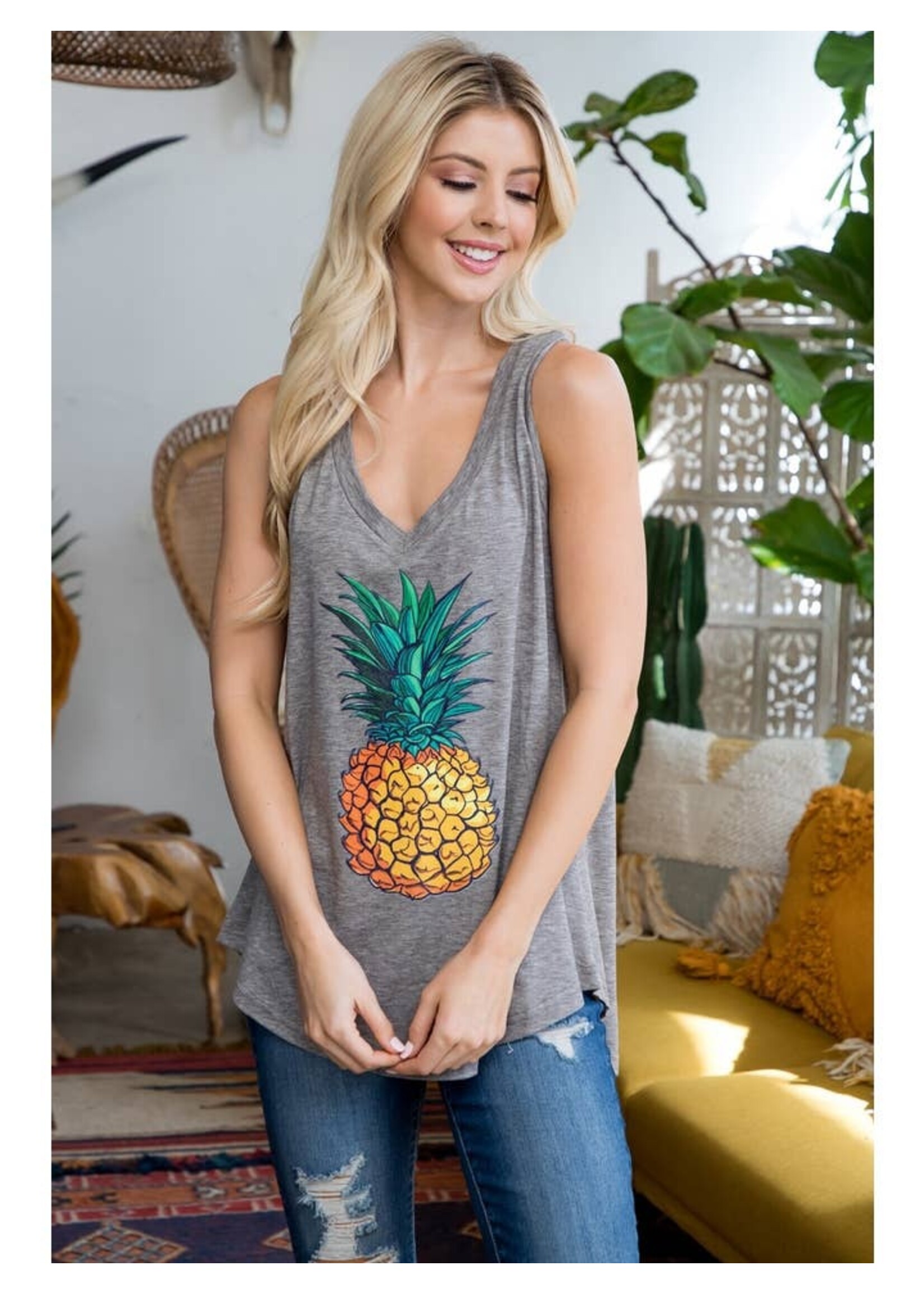 L.A. Soul Tank Top Pineapple Print Flowy | GREY / M