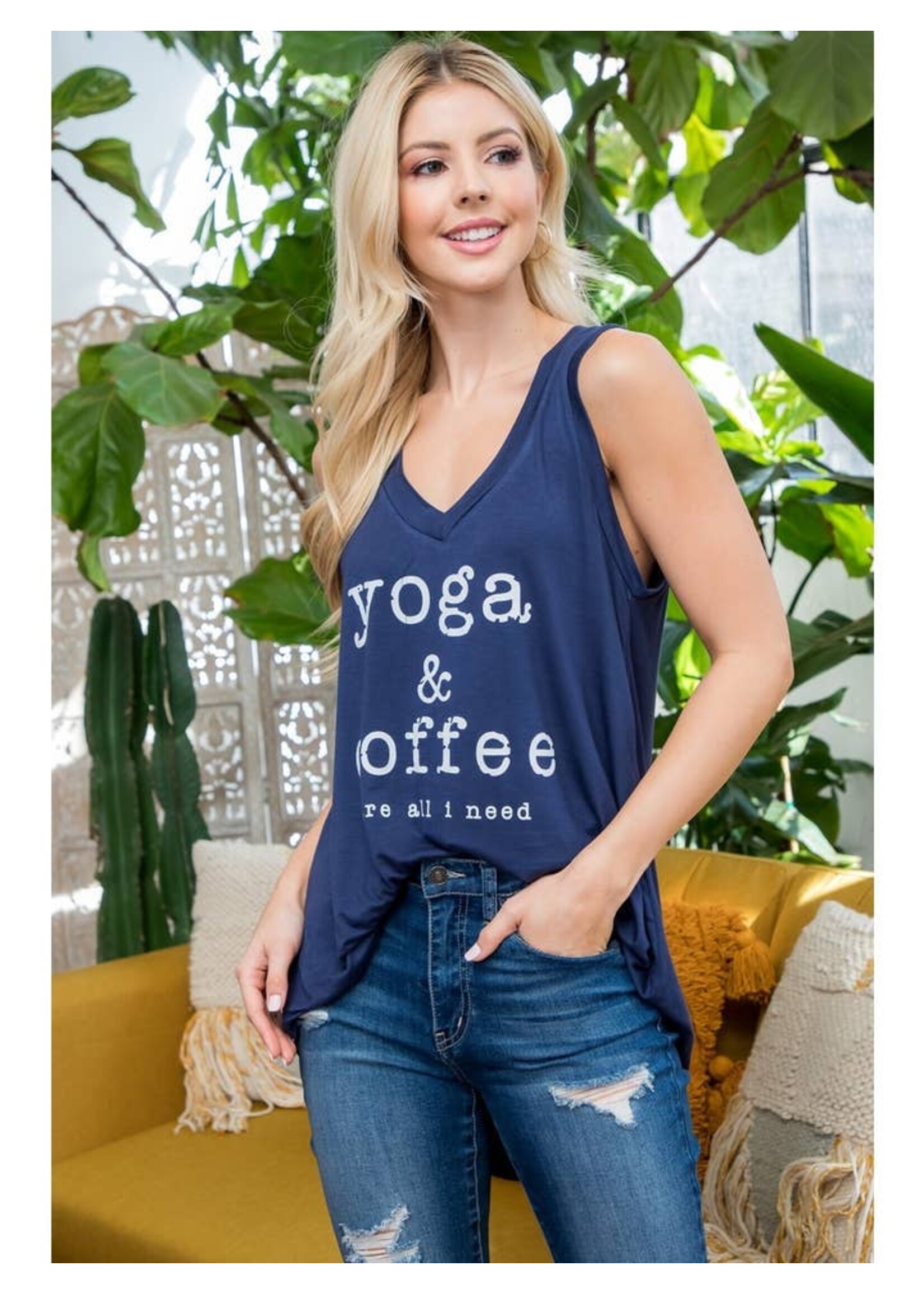 Tank Top Yoga & Coffee Print Flowy | NAVY / L