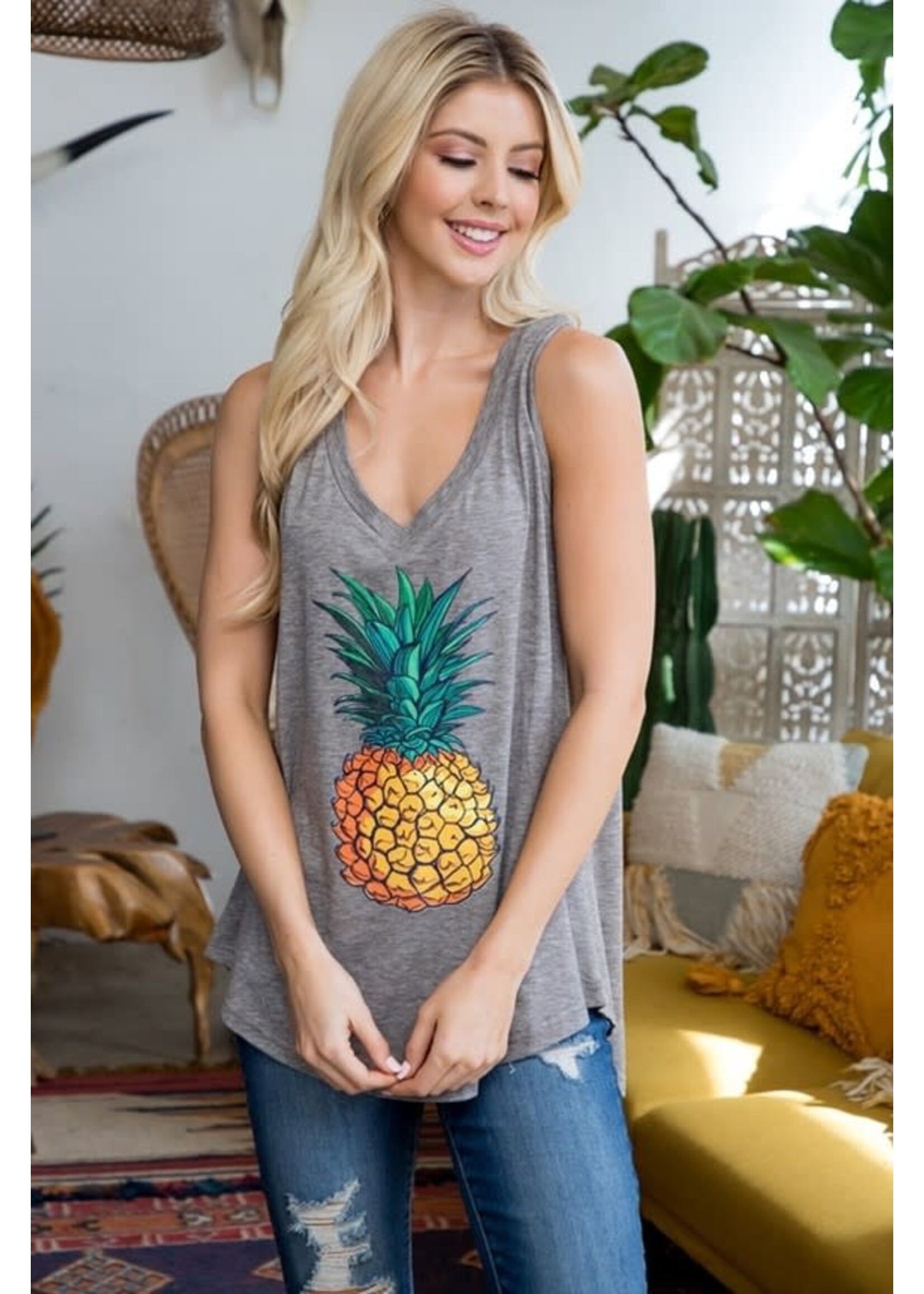 L.A. Soul Tank Top Pineapple Print Flowy | GREY / S