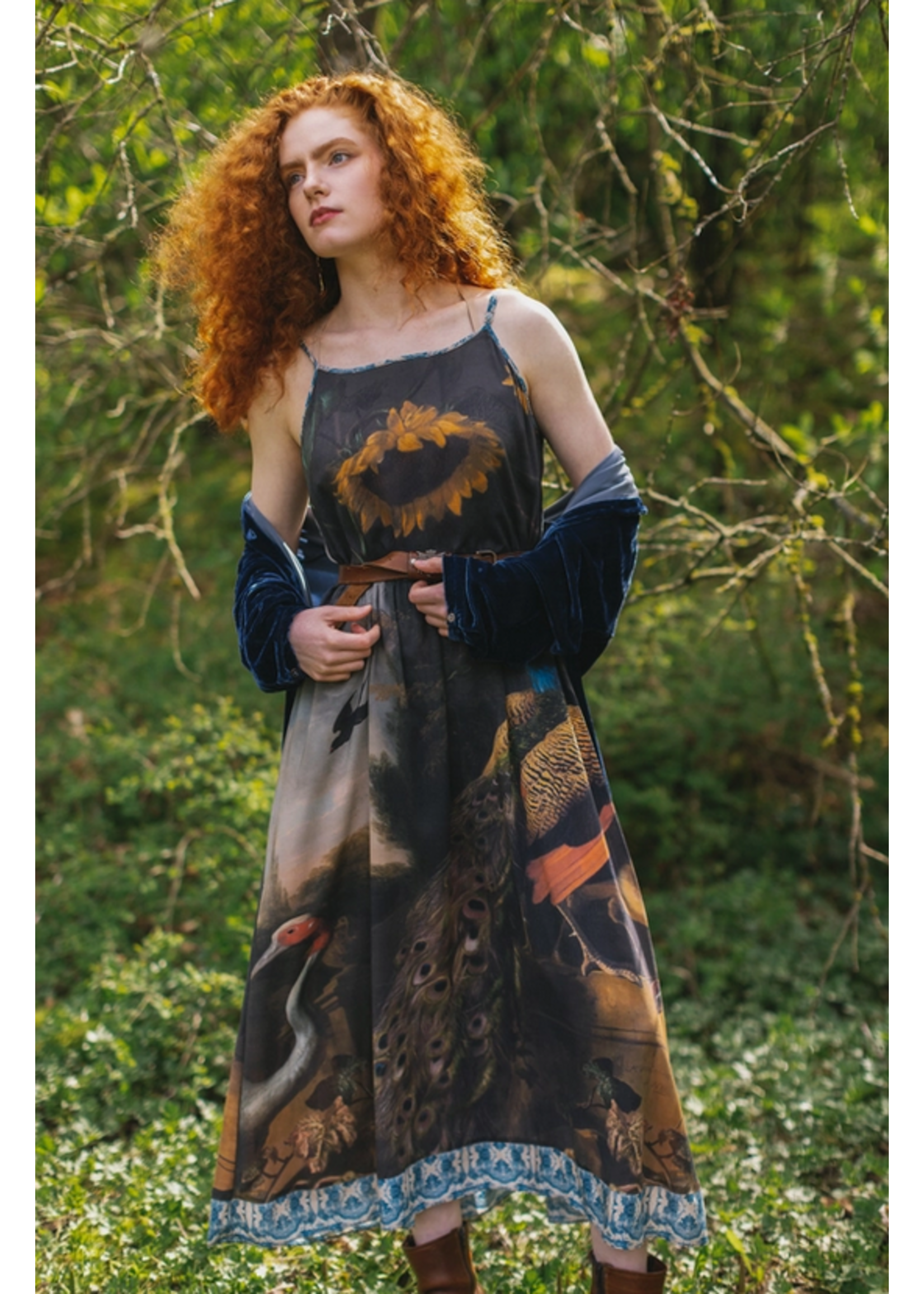 Slip Dress Wild Beauty Boheme with Peacock Birds and Floral L/XL