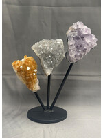 3pc Amethyst, Citrine and Smoky Druzy on Stand
