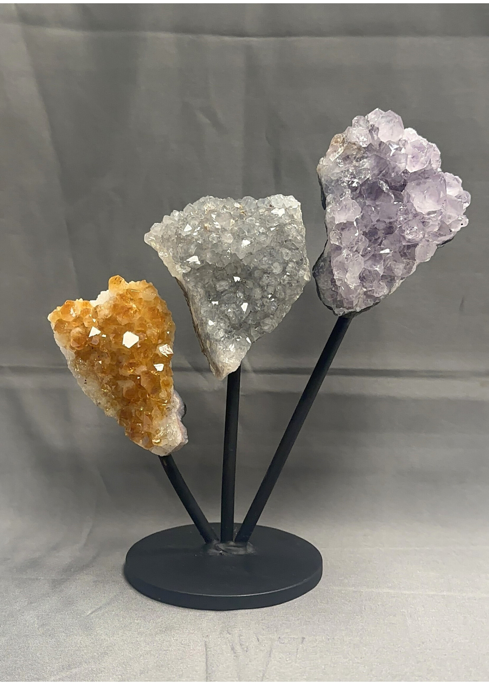 3pc Amethyst, Citrine and Smoky Druzy on Stand