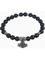 Bracelet 10mm Round Bead - Matte Black Agate w/ Viking Hammer