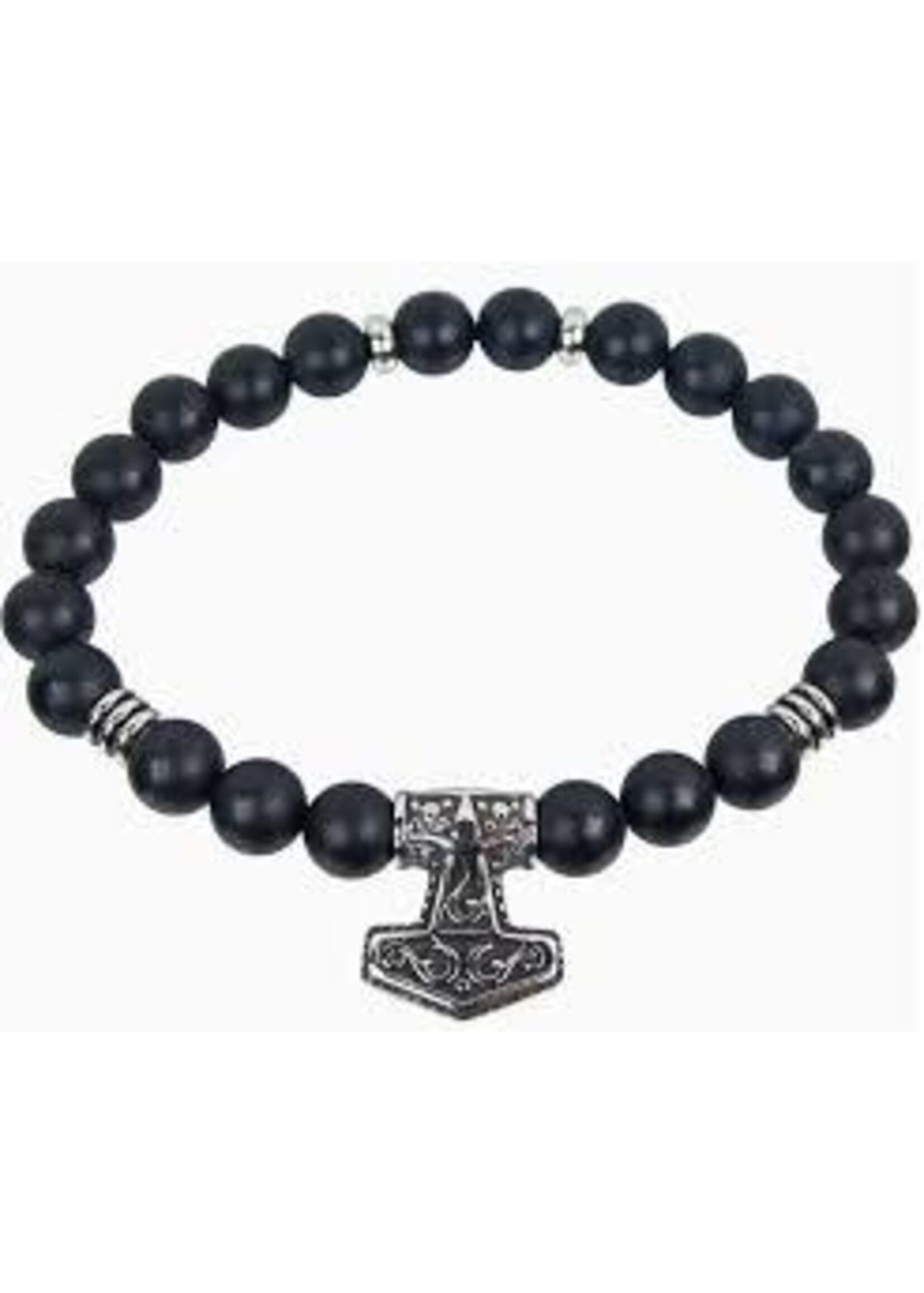 Bracelet 10mm Round Bead - Matte Black Agate w/ Viking Hammer