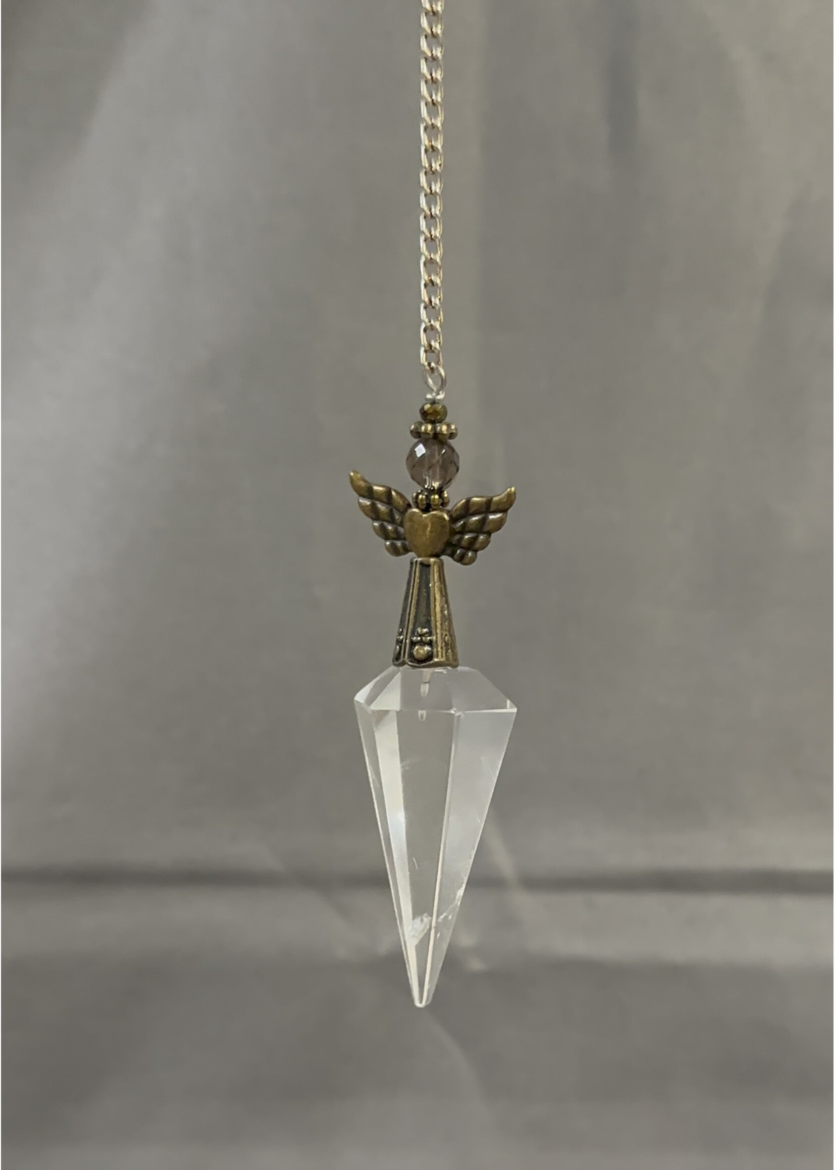 Pendulum Clear Quartz, Bronze Tone Sufi Heart, Smky Quartz